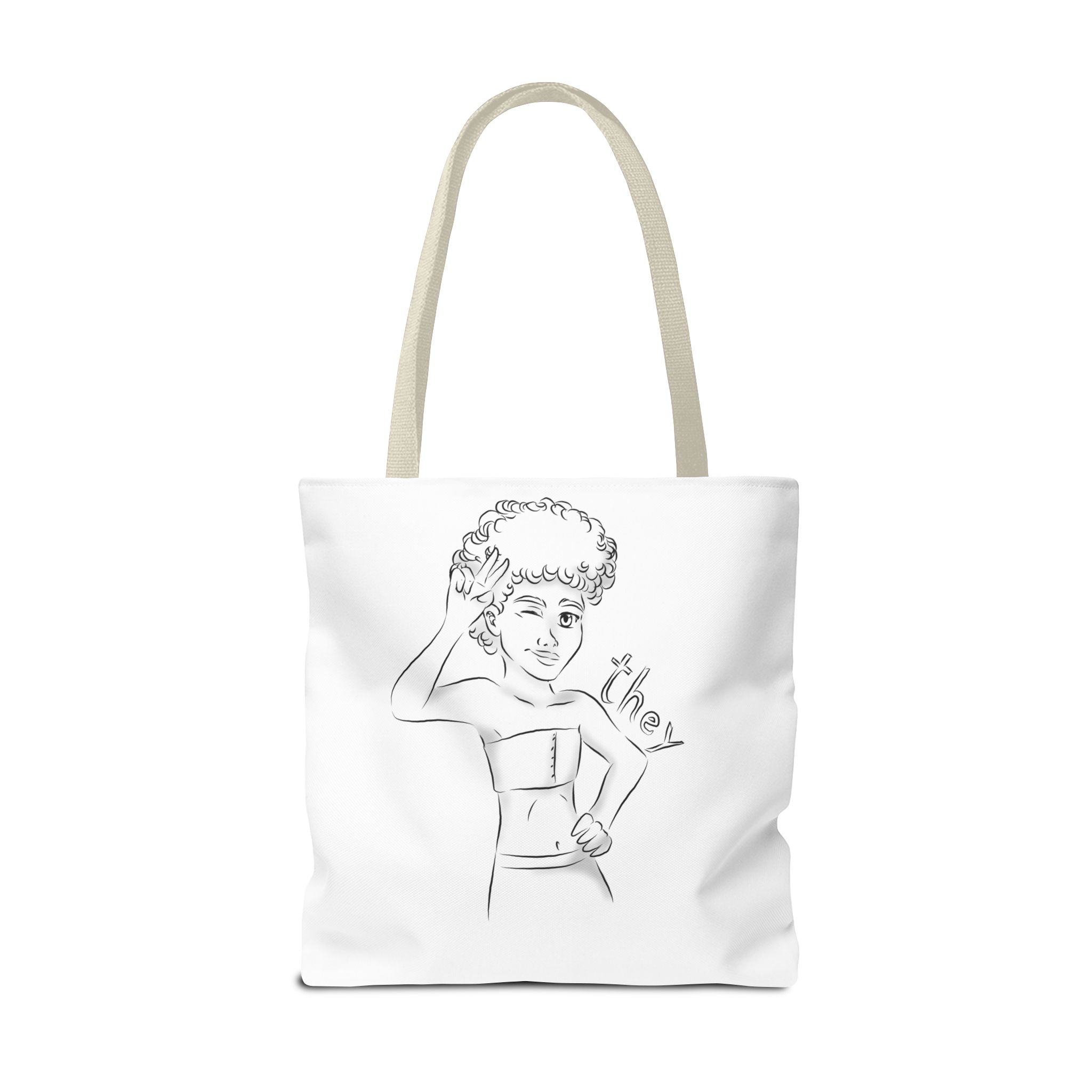 They Pronoun Tote Bag – Gender-Free, Black Line Art, Durable Polyester, Multiple Sizes | Inclusive LGBTQIA+ Accessory | Voce Lindx