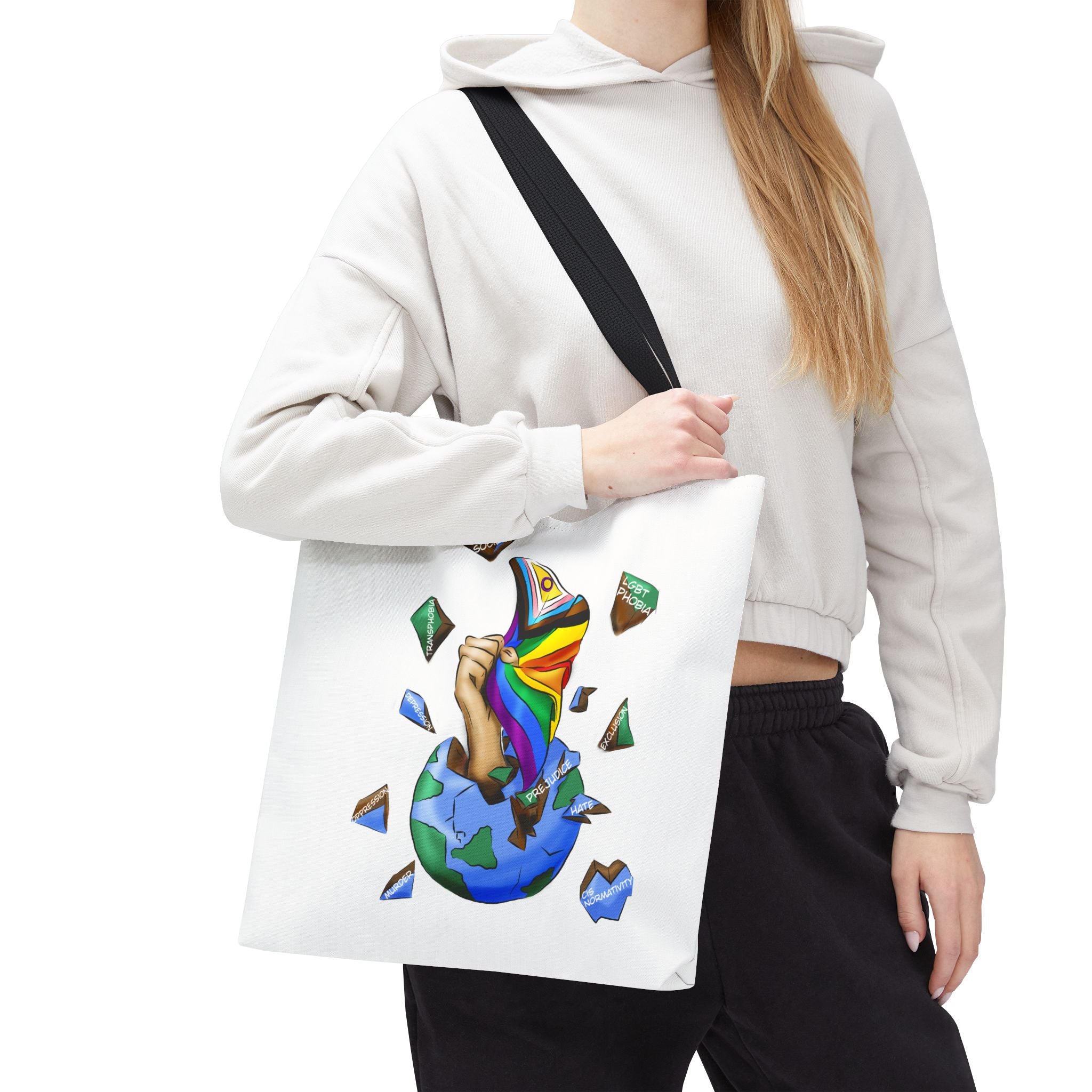 Progress Pride Flag Tote Bag – Breaking Barriers Art, Durable Polyester, Multiple Sizes | Inclusive LGBTQIA+ Accessory | Voce Lindx