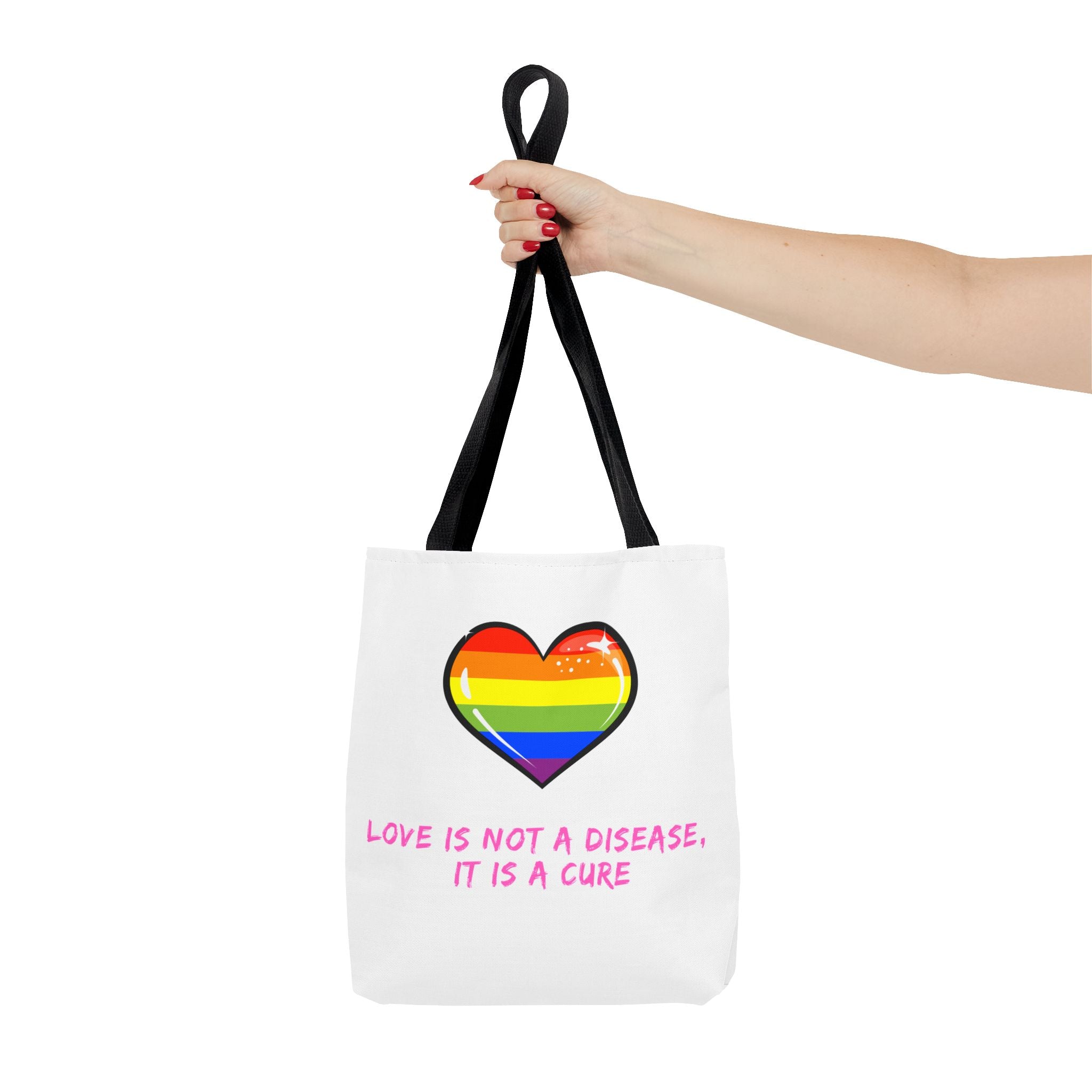 Rainbow Heart Pride Tote Bag – “Love Is Not a Disease, It Is a Cure”, Durable Polyester, Multiple Sizes | Inclusive LGBTQIA+ Accessory | Voce Lindx
