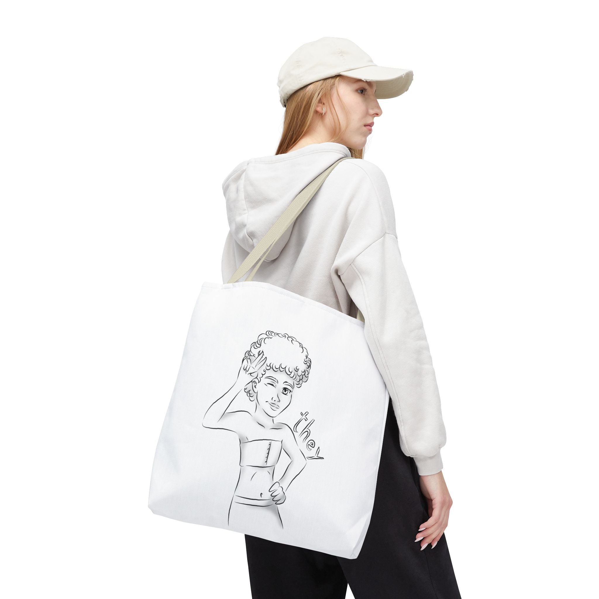 They Pronoun Tote Bag – Gender-Free, Black Line Art, Durable Polyester, Multiple Sizes | Inclusive LGBTQIA+ Accessory | Voce Lindx