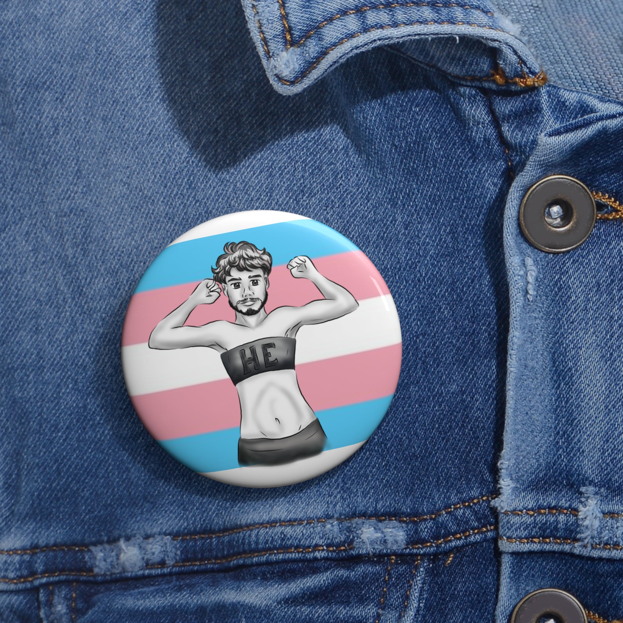 HE Pronoun Trans Pride Pin Button – Gender-Free, Transmasculine Art, Glossy Metal, Multiple Sizes | Voce Lindx