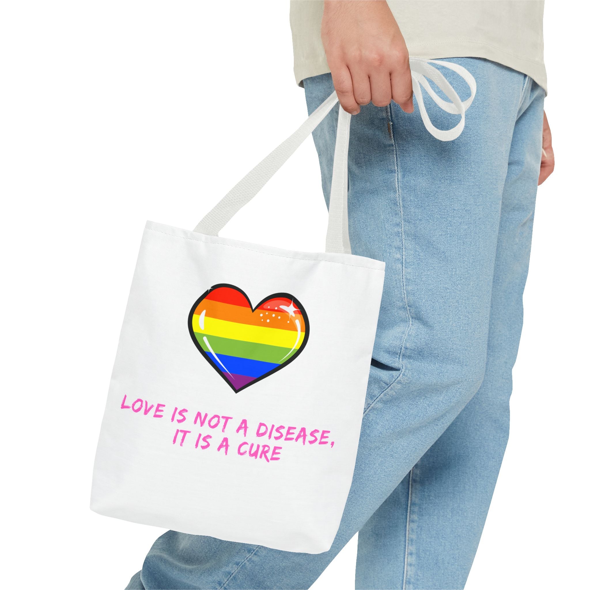 Rainbow Heart Pride Tote Bag – “Love Is Not a Disease, It Is a Cure”, Durable Polyester, Multiple Sizes | Inclusive LGBTQIA+ Accessory | Voce Lindx