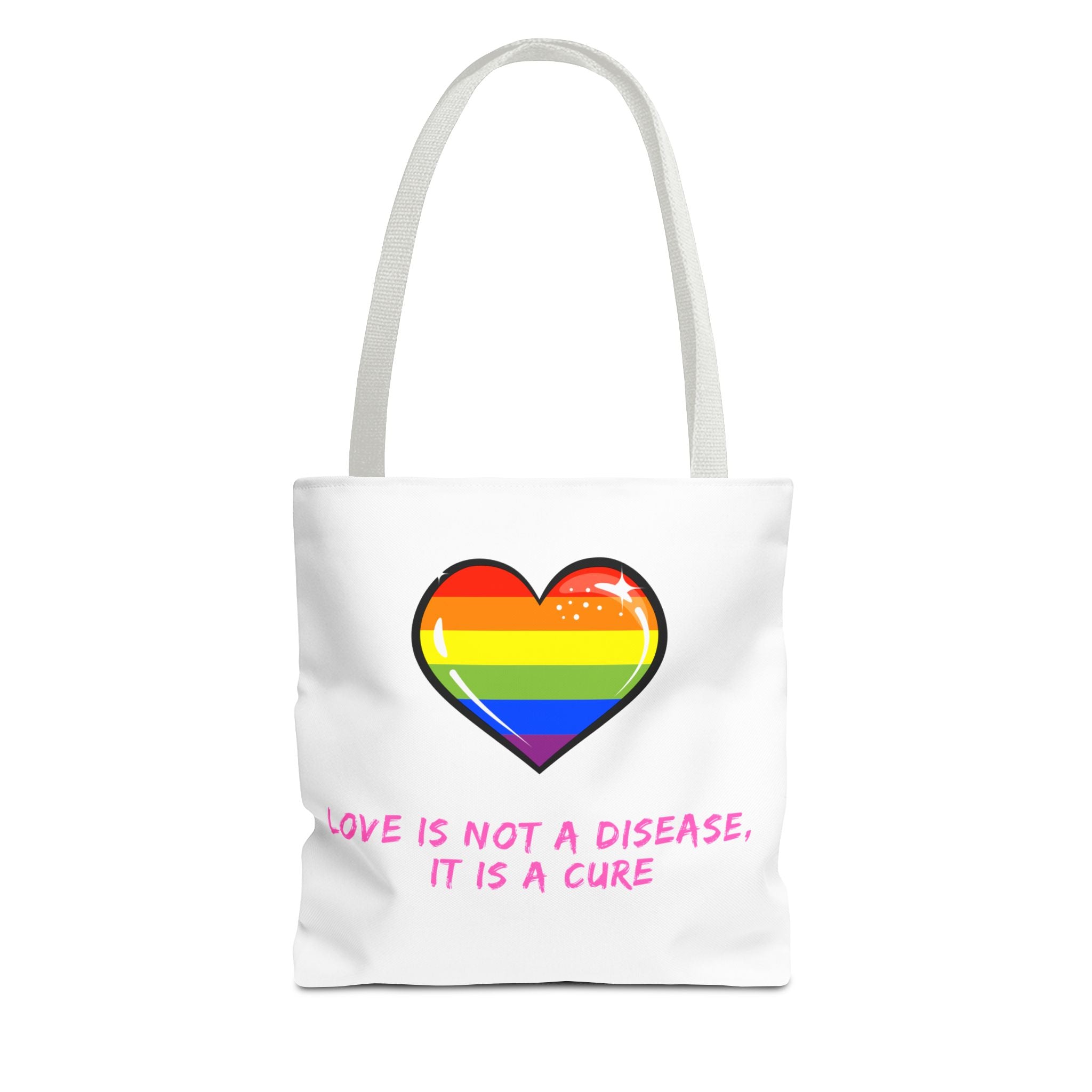 Rainbow Heart Pride Tote Bag – “Love Is Not a Disease, It Is a Cure”, Durable Polyester, Multiple Sizes | Inclusive LGBTQIA+ Accessory | Voce Lindx
