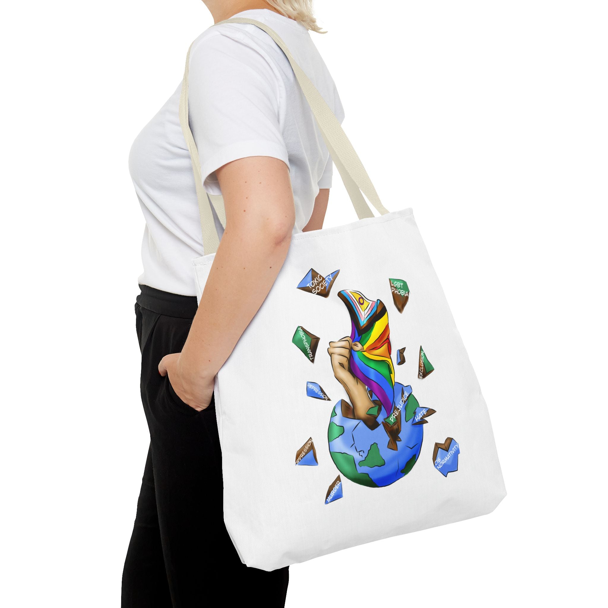 Progress Pride Flag Tote Bag – Breaking Barriers Art, Durable Polyester, Multiple Sizes | Inclusive LGBTQIA+ Accessory | Voce Lindx