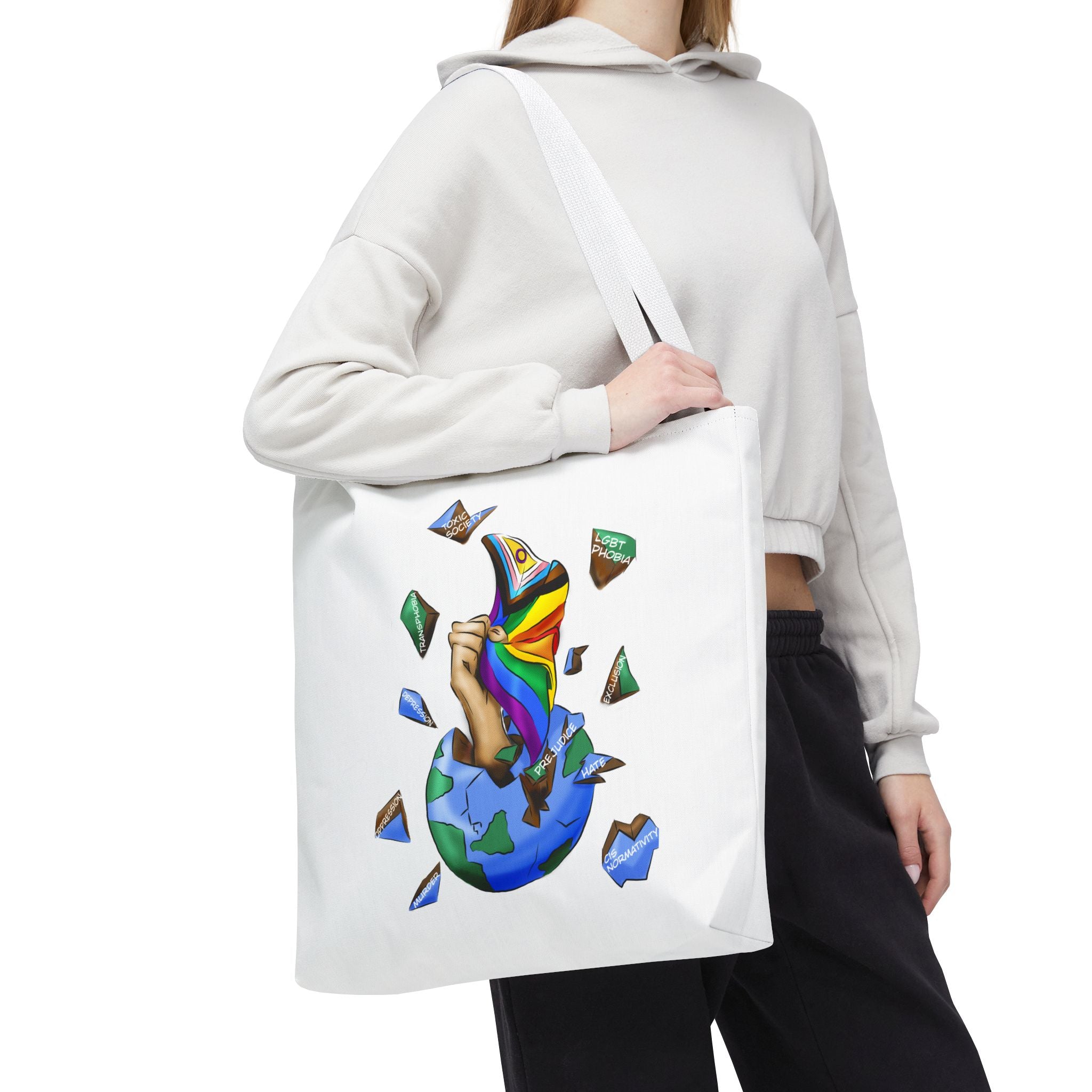 Progress Pride Flag Tote Bag – Breaking Barriers Art, Durable Polyester, Multiple Sizes | Inclusive LGBTQIA+ Accessory | Voce Lindx