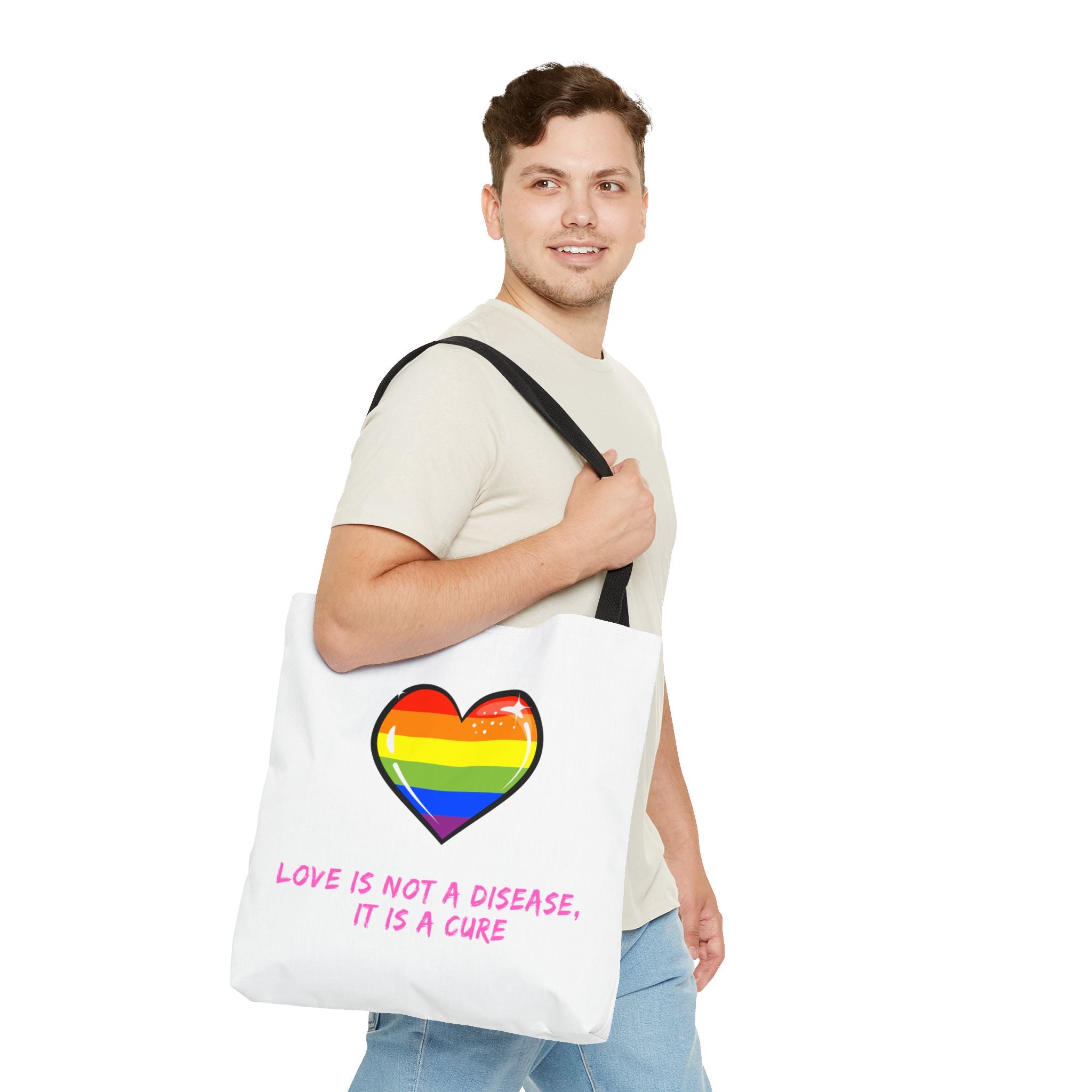 Rainbow Heart Pride Tote Bag – “Love Is Not a Disease, It Is a Cure”, Durable Polyester, Multiple Sizes | Inclusive LGBTQIA+ Accessory | Voce Lindx