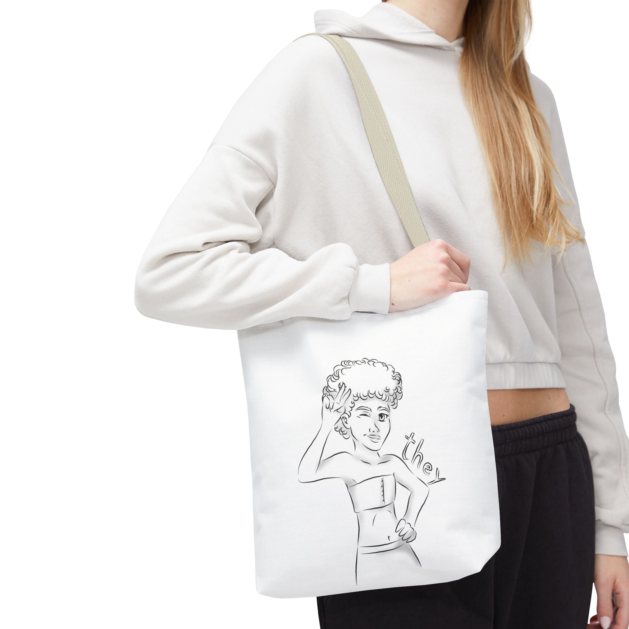 They Pronoun Tote Bag – Gender-Free, Black Line Art, Durable Polyester, Multiple Sizes | Inclusive LGBTQIA+ Accessory | Voce Lindx