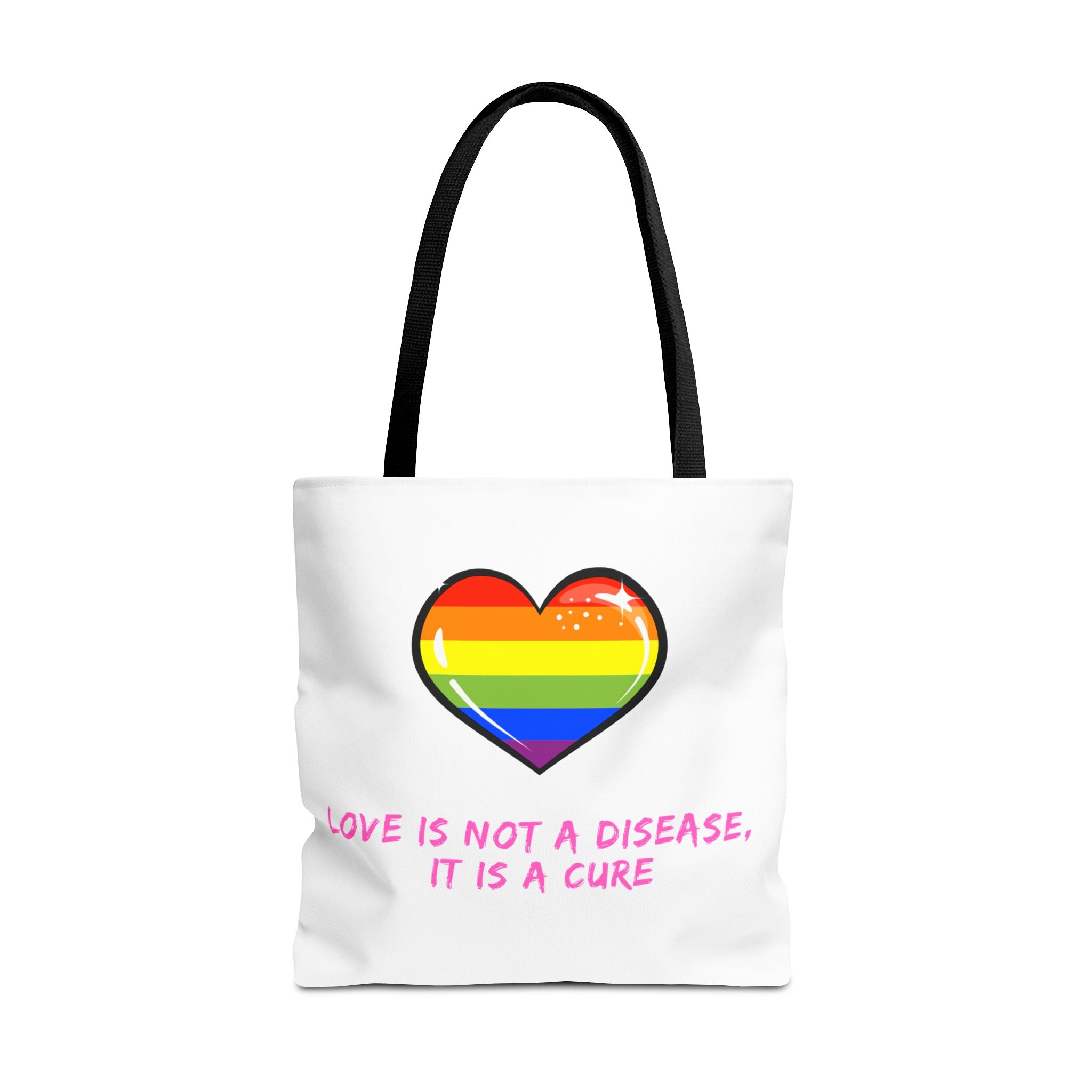 Rainbow Heart Pride Tote Bag – “Love Is Not a Disease, It Is a Cure”, Durable Polyester, Multiple Sizes | Inclusive LGBTQIA+ Accessory | Voce Lindx