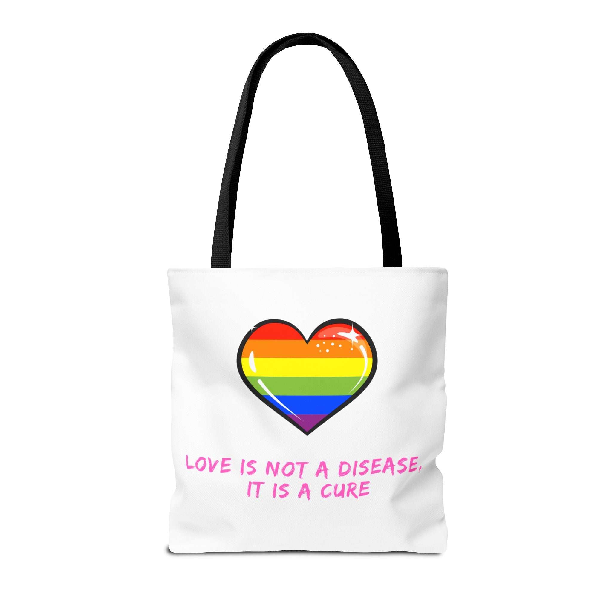Rainbow Heart Pride Tote Bag – “Love Is Not a Disease, It Is a Cure”, Durable Polyester, Multiple Sizes | Inclusive LGBTQIA+ Accessory | Voce Lindx