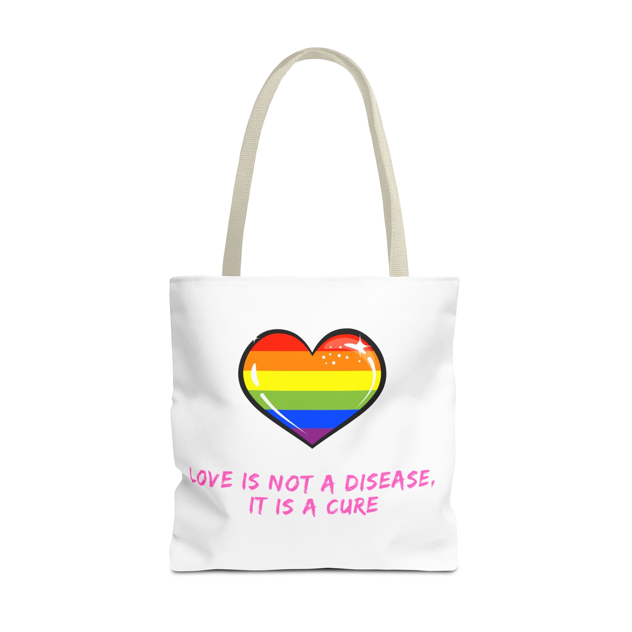 Rainbow Heart Pride Tote Bag – “Love Is Not a Disease, It Is a Cure”, Durable Polyester, Multiple Sizes | Inclusive LGBTQIA+ Accessory | Voce Lindx