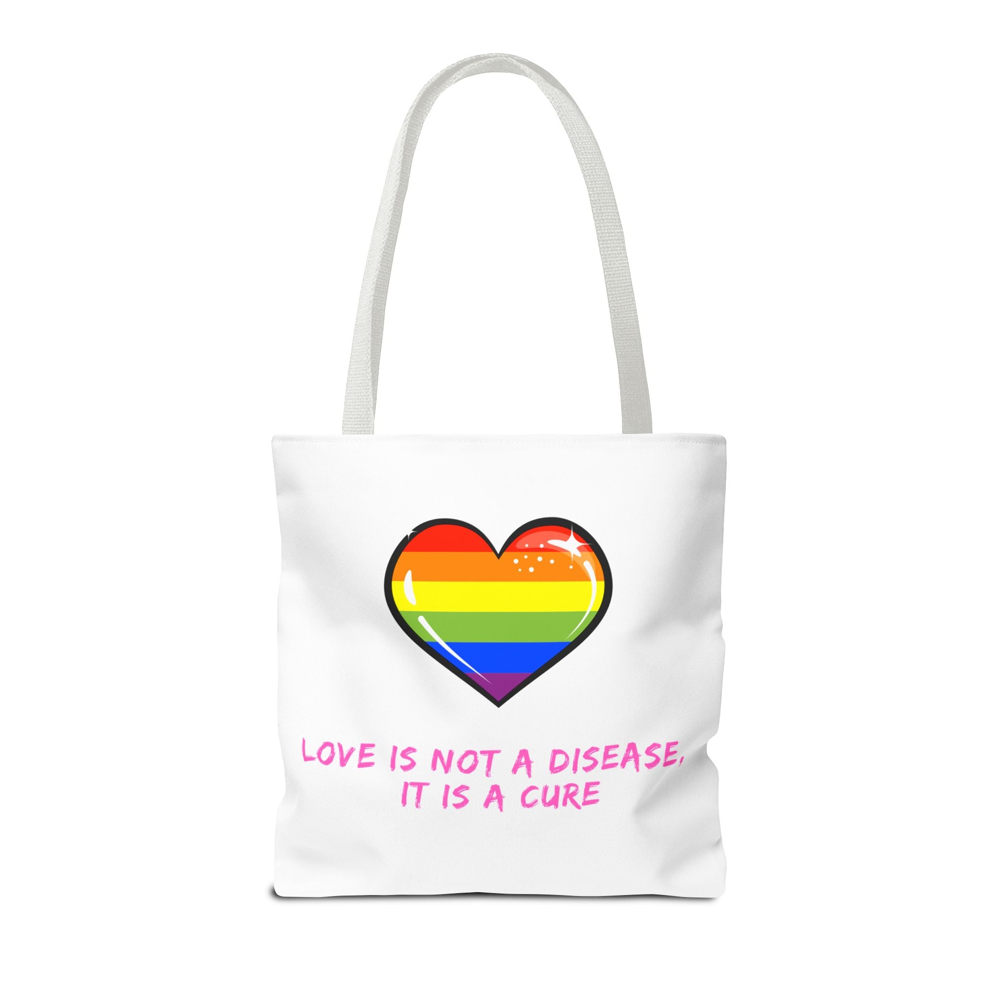 Rainbow Heart Pride Tote Bag – “Love Is Not a Disease, It Is a Cure”, Durable Polyester, Multiple Sizes | Inclusive LGBTQIA+ Accessory | Voce Lindx