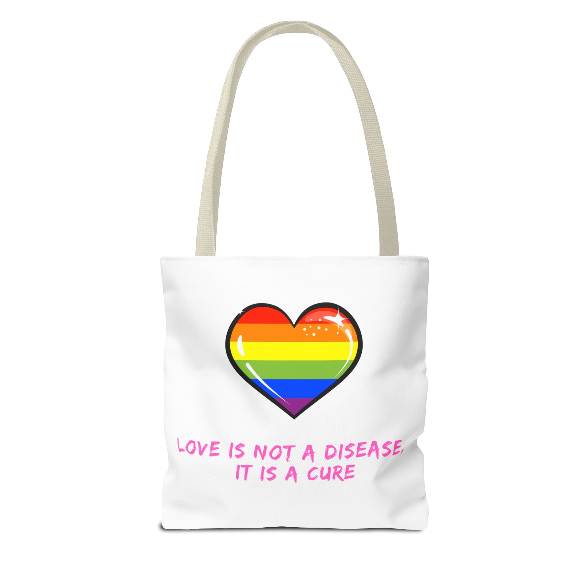 Rainbow Heart Pride Tote Bag – “Love Is Not a Disease, It Is a Cure”, Durable Polyester, Multiple Sizes | Inclusive LGBTQIA+ Accessory | Voce Lindx