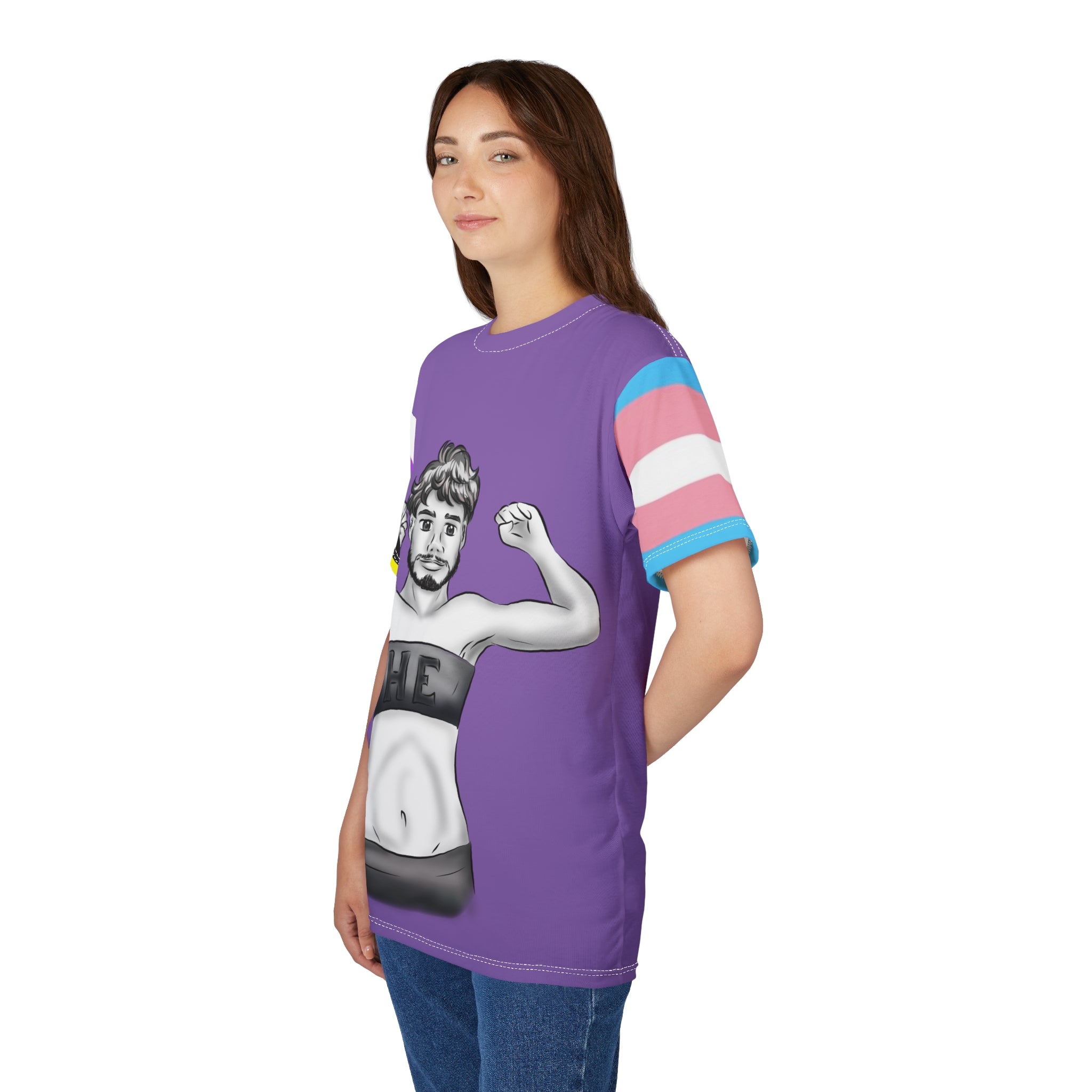 HE Gender-Free Pride Tee – Trans & Nonbinary Flag Sleeves, Inclusive LGBTQIA+ Fashion | Voce Lindx