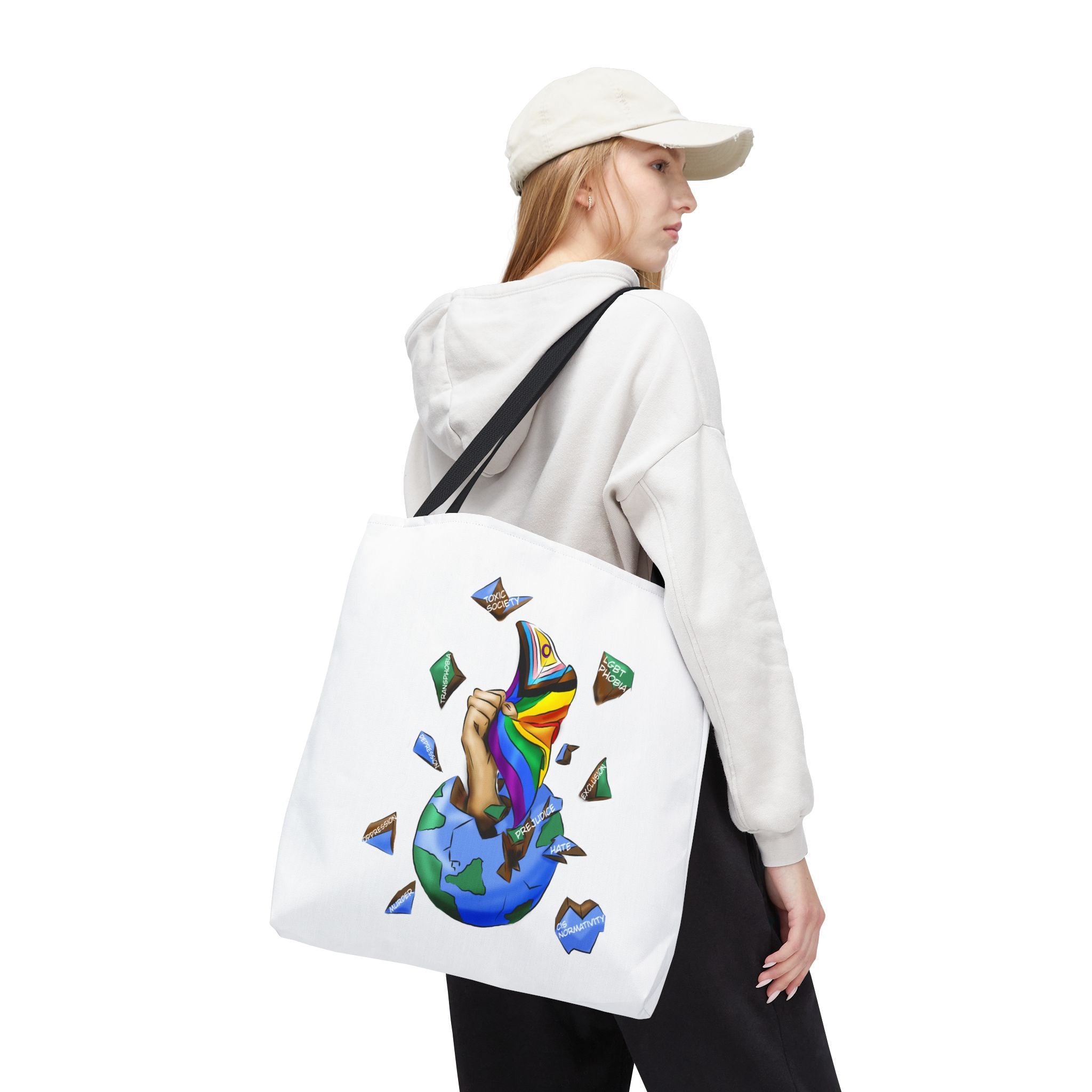Progress Pride Flag Tote Bag – Breaking Barriers Art, Durable Polyester, Multiple Sizes | Inclusive LGBTQIA+ Accessory | Voce Lindx