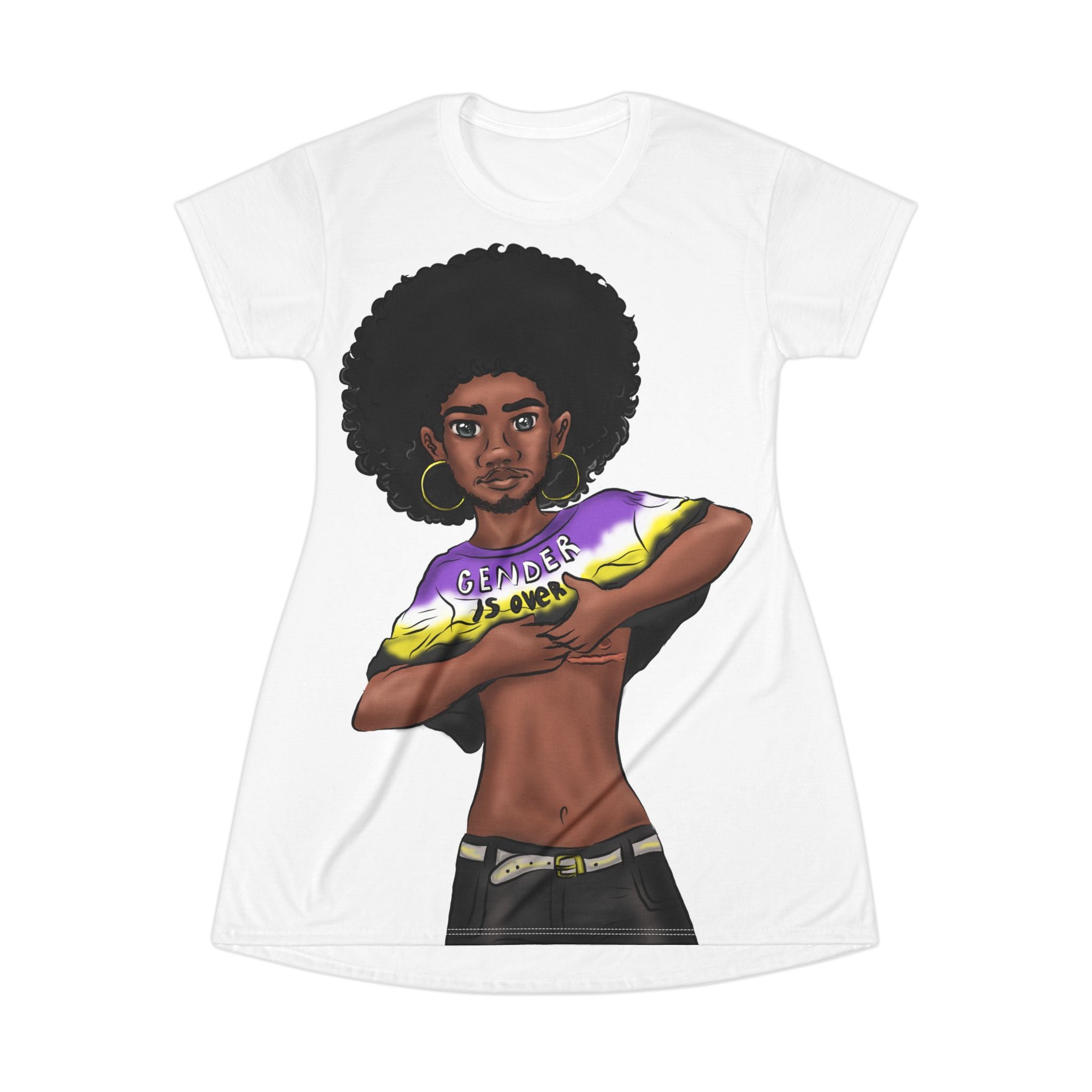Gender Is Over T-Shirt Dress – Gender-Free, Black Representation Art, Lightweight Polyester | Voce Lindx