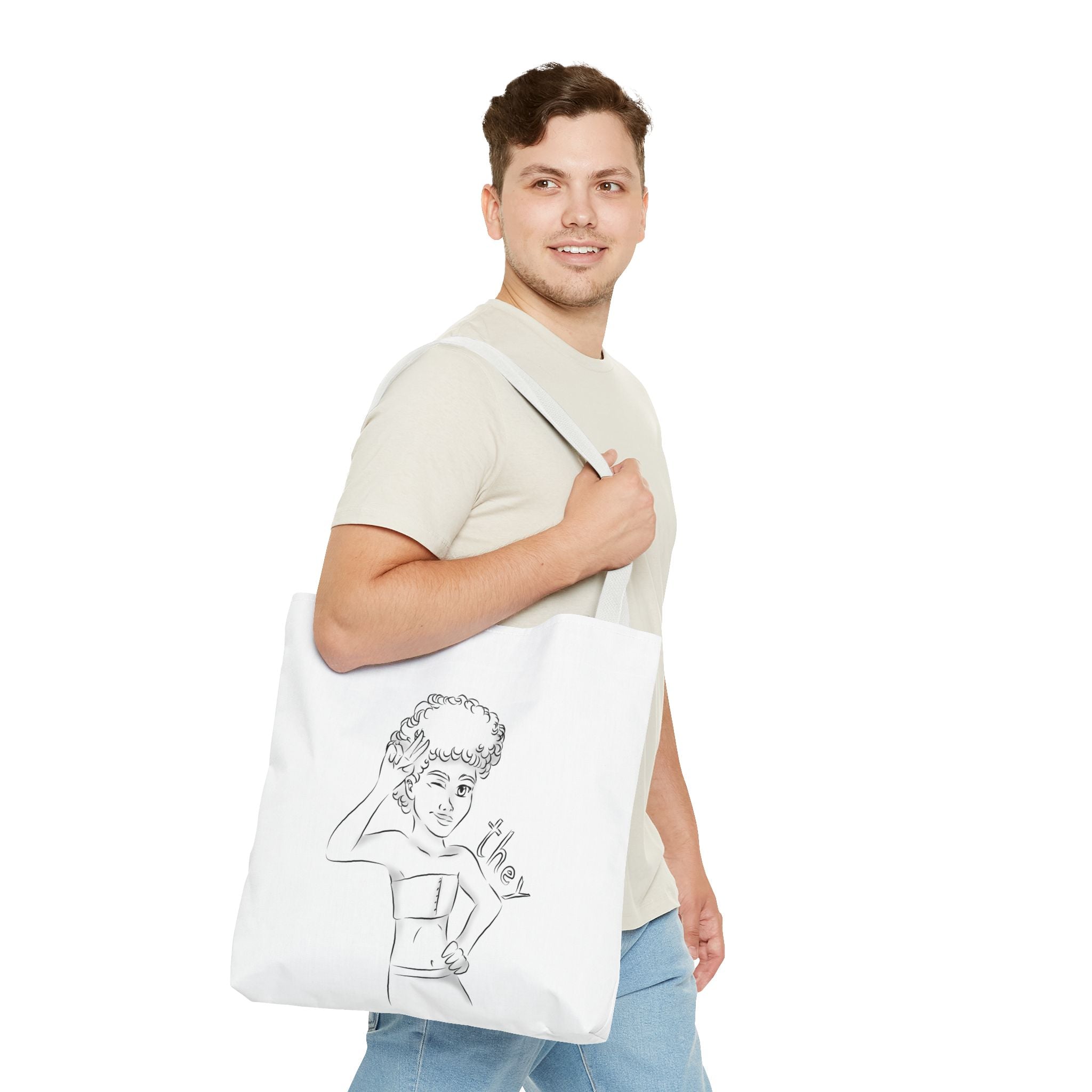 They Pronoun Tote Bag – Gender-Free, Black Line Art, Durable Polyester, Multiple Sizes | Inclusive LGBTQIA+ Accessory | Voce Lindx