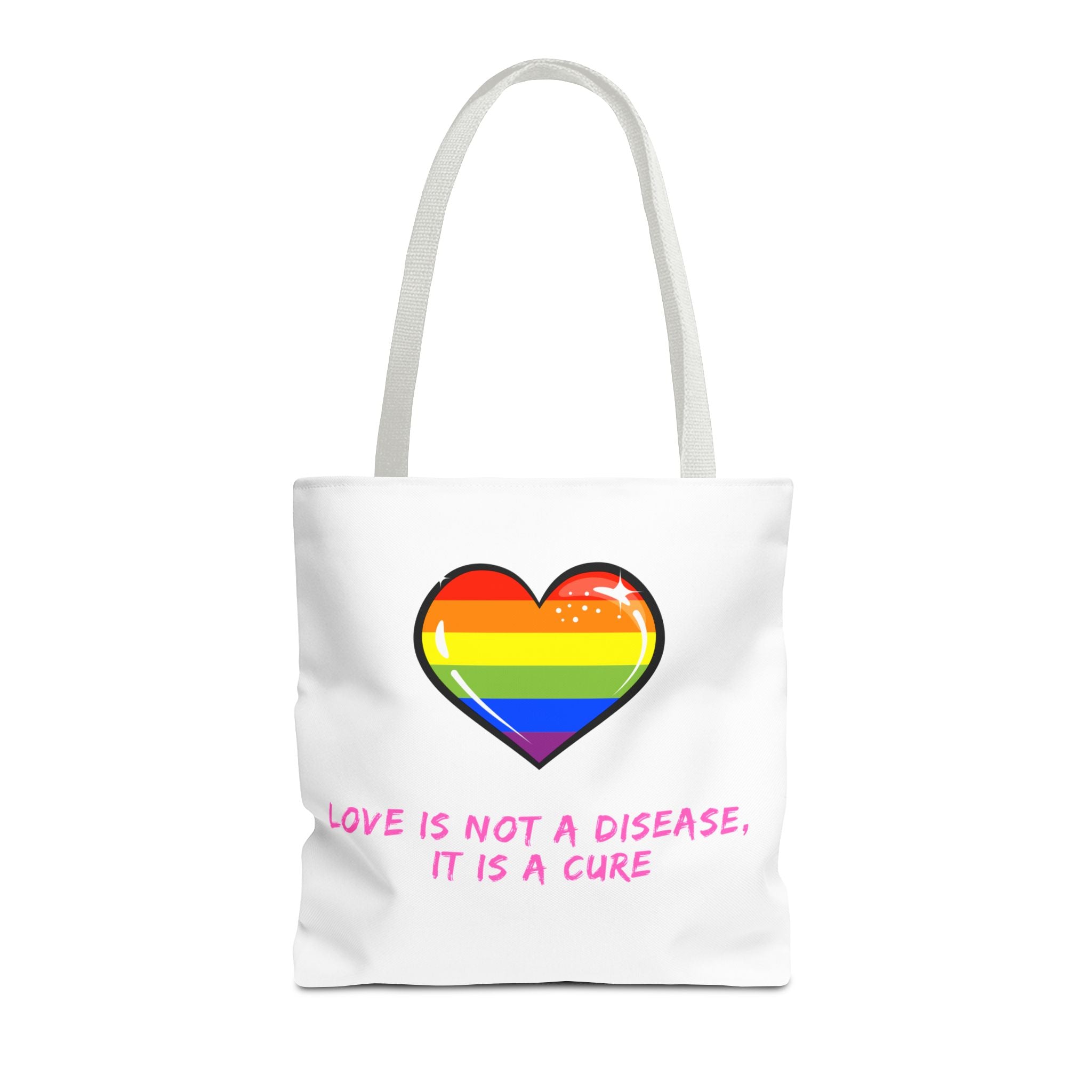 Rainbow Heart Pride Tote Bag – “Love Is Not a Disease, It Is a Cure”, Durable Polyester, Multiple Sizes | Inclusive LGBTQIA+ Accessory | Voce Lindx