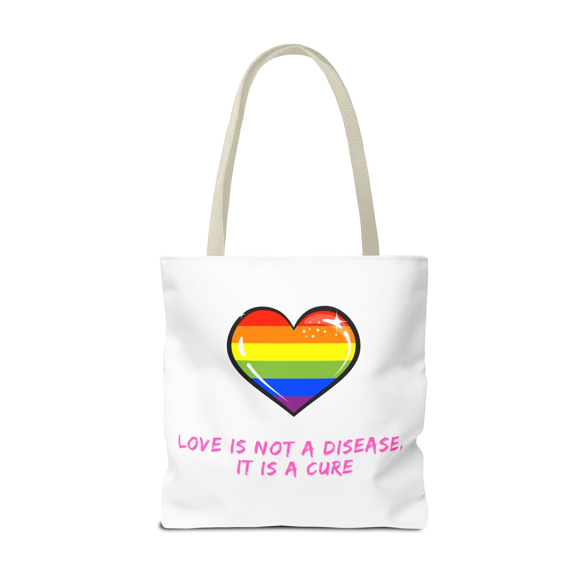Rainbow Heart Pride Tote Bag – “Love Is Not a Disease, It Is a Cure”, Durable Polyester, Multiple Sizes | Inclusive LGBTQIA+ Accessory | Voce Lindx