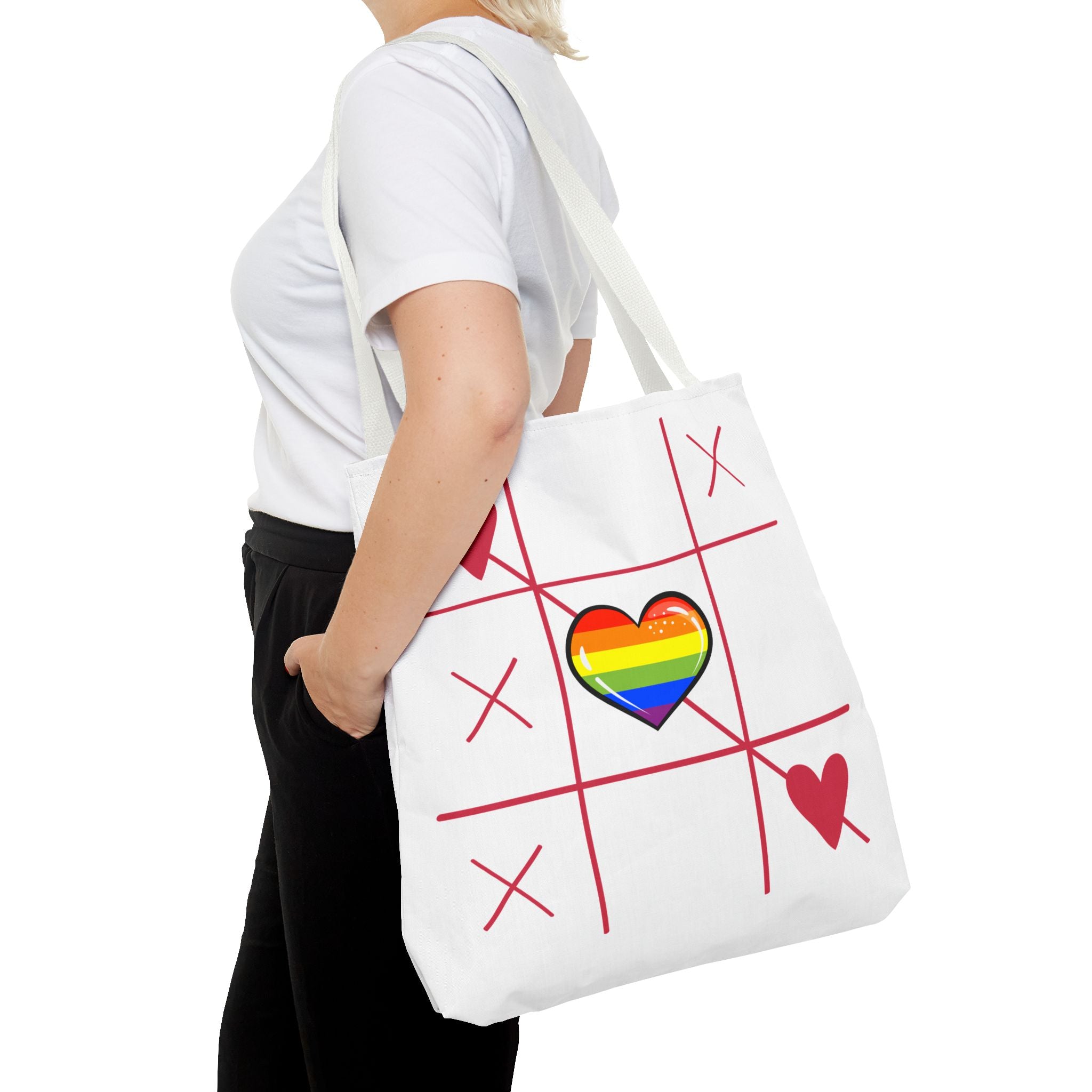Rainbow Love Tote Bag – Tic Tac Toe Heart, Durable Polyester, Multiple Sizes | Inclusive LGBTQIA+ Accessory | Voce Lindx