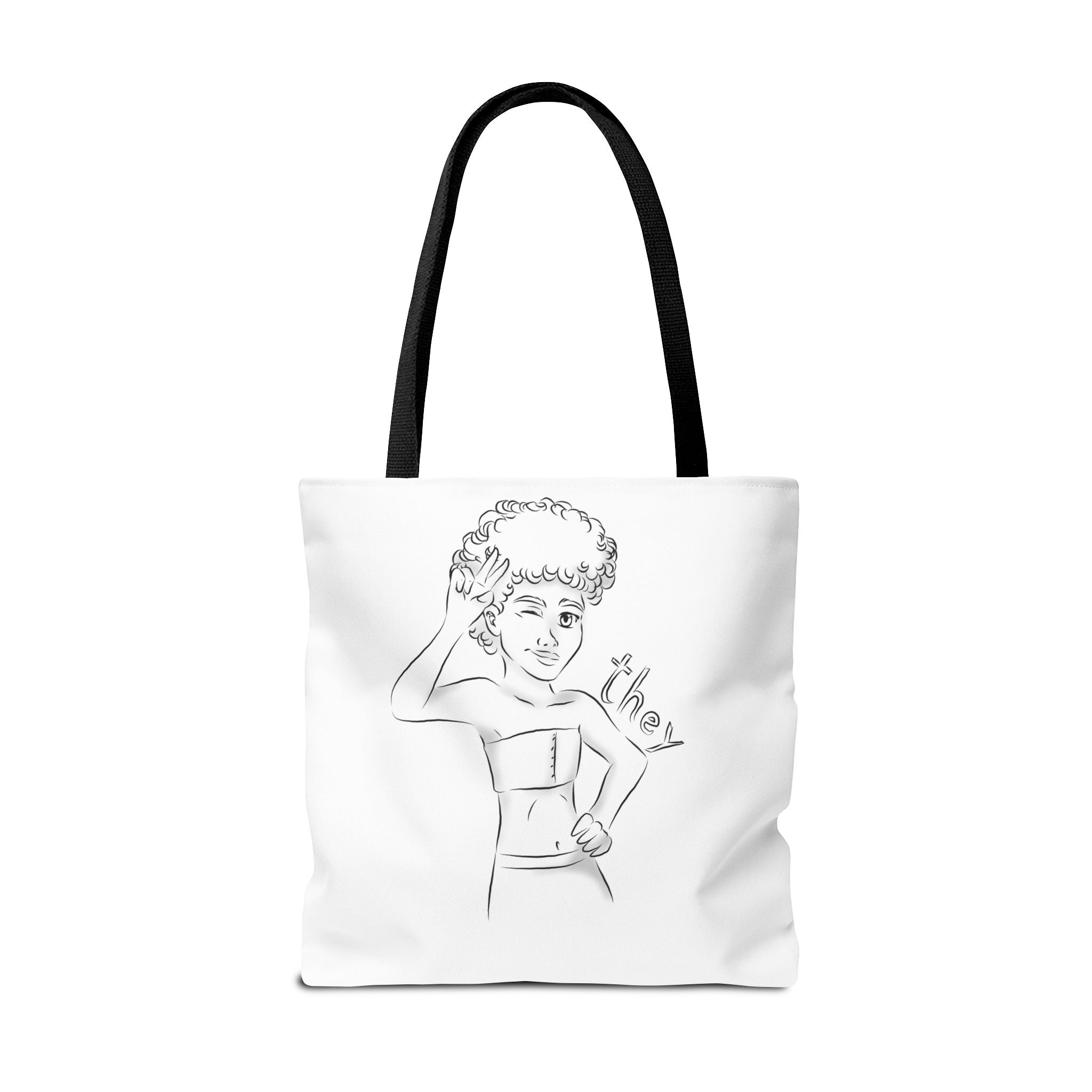 They Pronoun Tote Bag – Gender-Free, Black Line Art, Durable Polyester, Multiple Sizes | Inclusive LGBTQIA+ Accessory | Voce Lindx