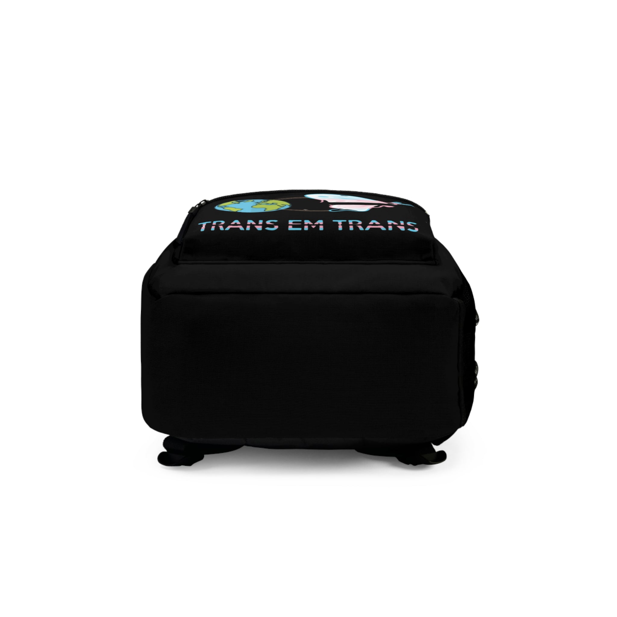 Trans em Trans Black Backpack – Butterfly and Globe Print | Inclusive LGBTQIA+ Backpack | Voce Lindx