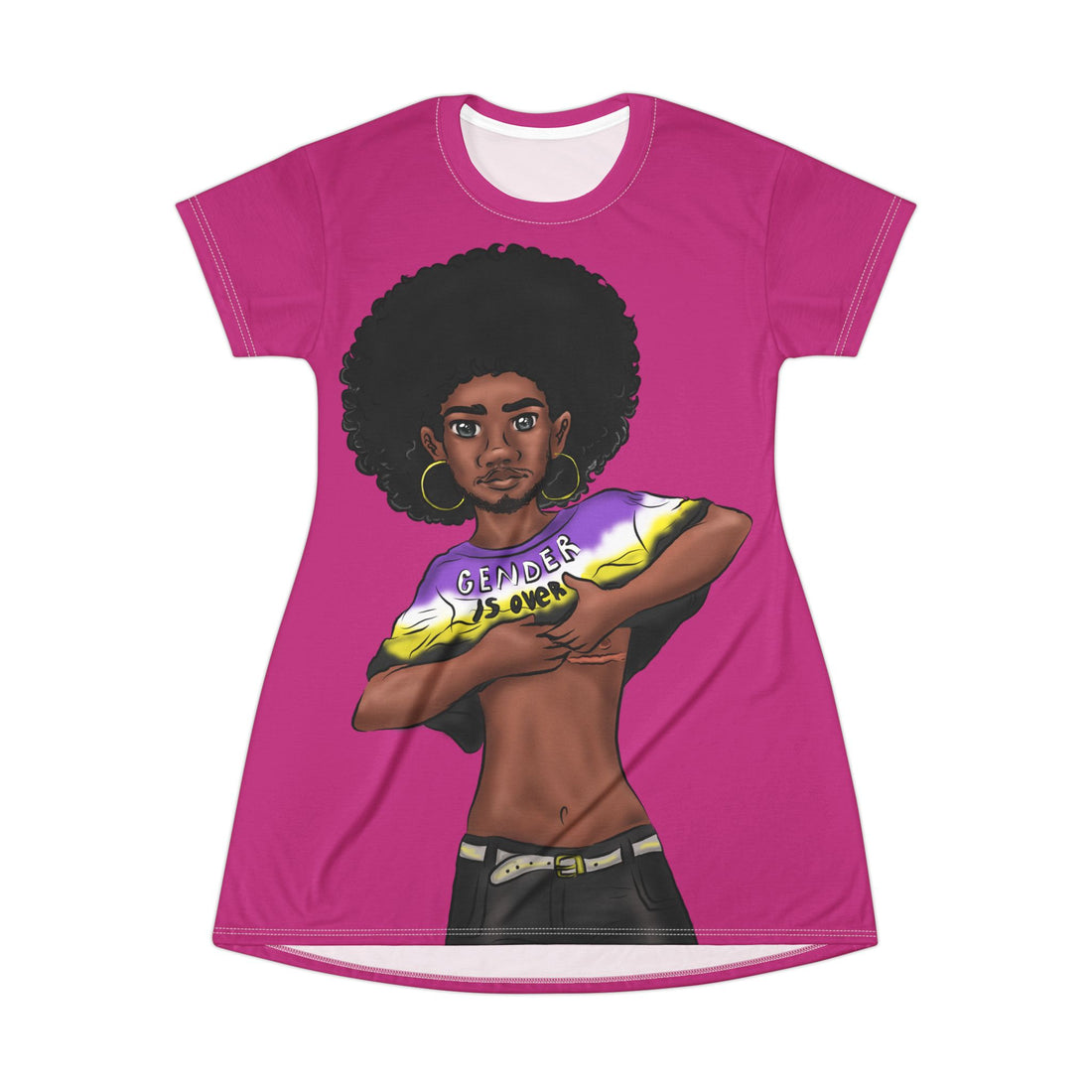 Gender Is Over T-Shirt Dress – Gender-Free, Black Representation Art, Lightweight Polyester | Voce Lindx