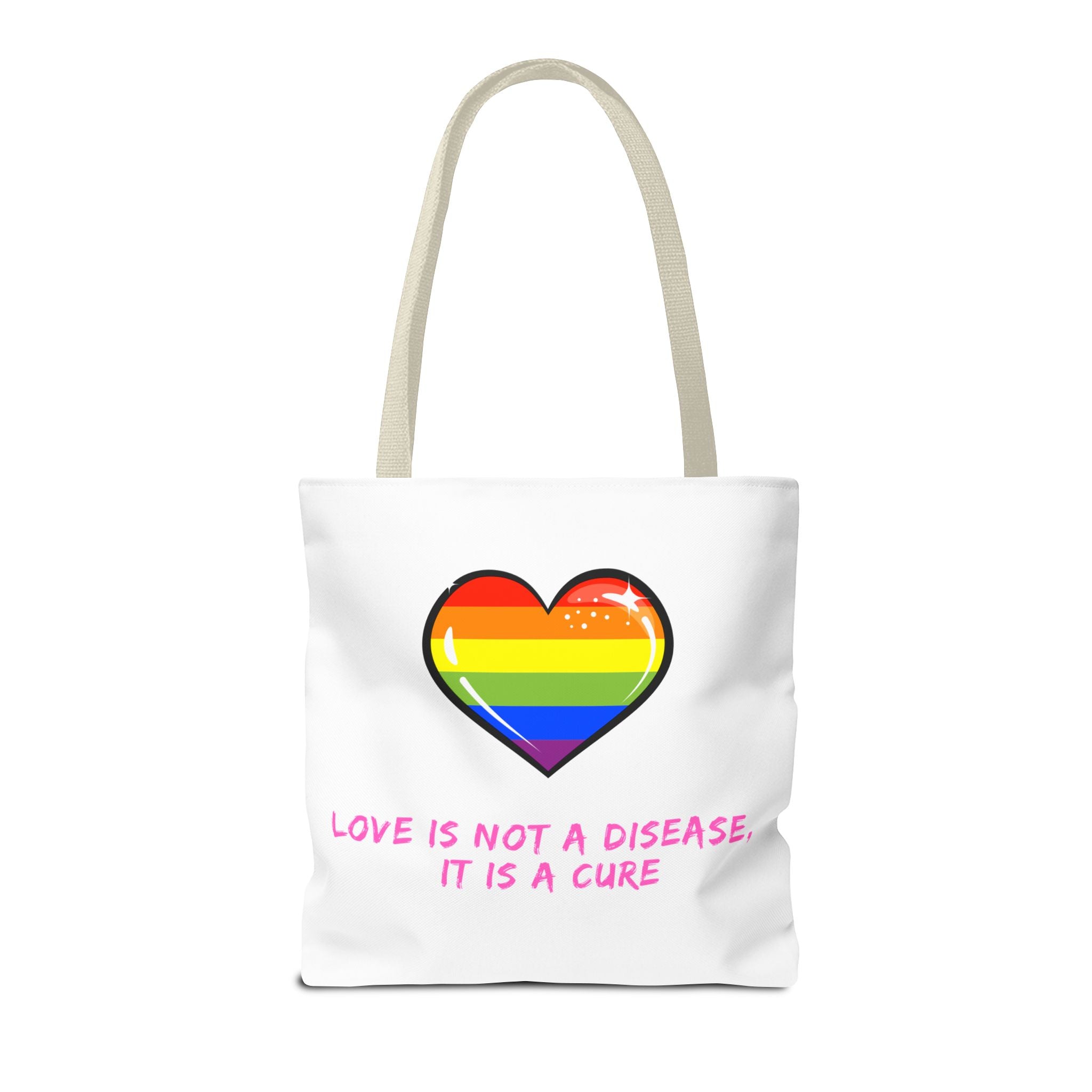 Rainbow Heart Pride Tote Bag – “Love Is Not a Disease, It Is a Cure”, Durable Polyester, Multiple Sizes | Inclusive LGBTQIA+ Accessory | Voce Lindx