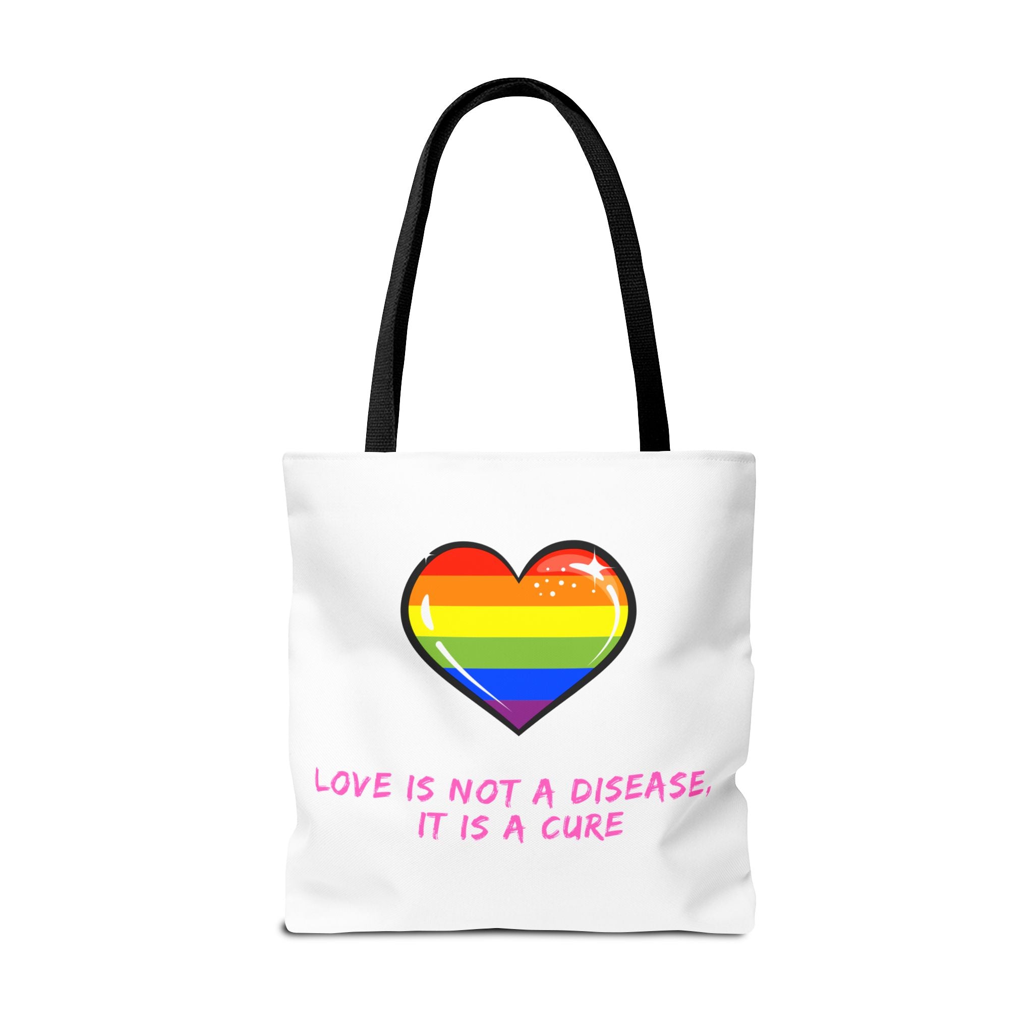 Rainbow Heart Pride Tote Bag – “Love Is Not a Disease, It Is a Cure”, Durable Polyester, Multiple Sizes | Inclusive LGBTQIA+ Accessory | Voce Lindx