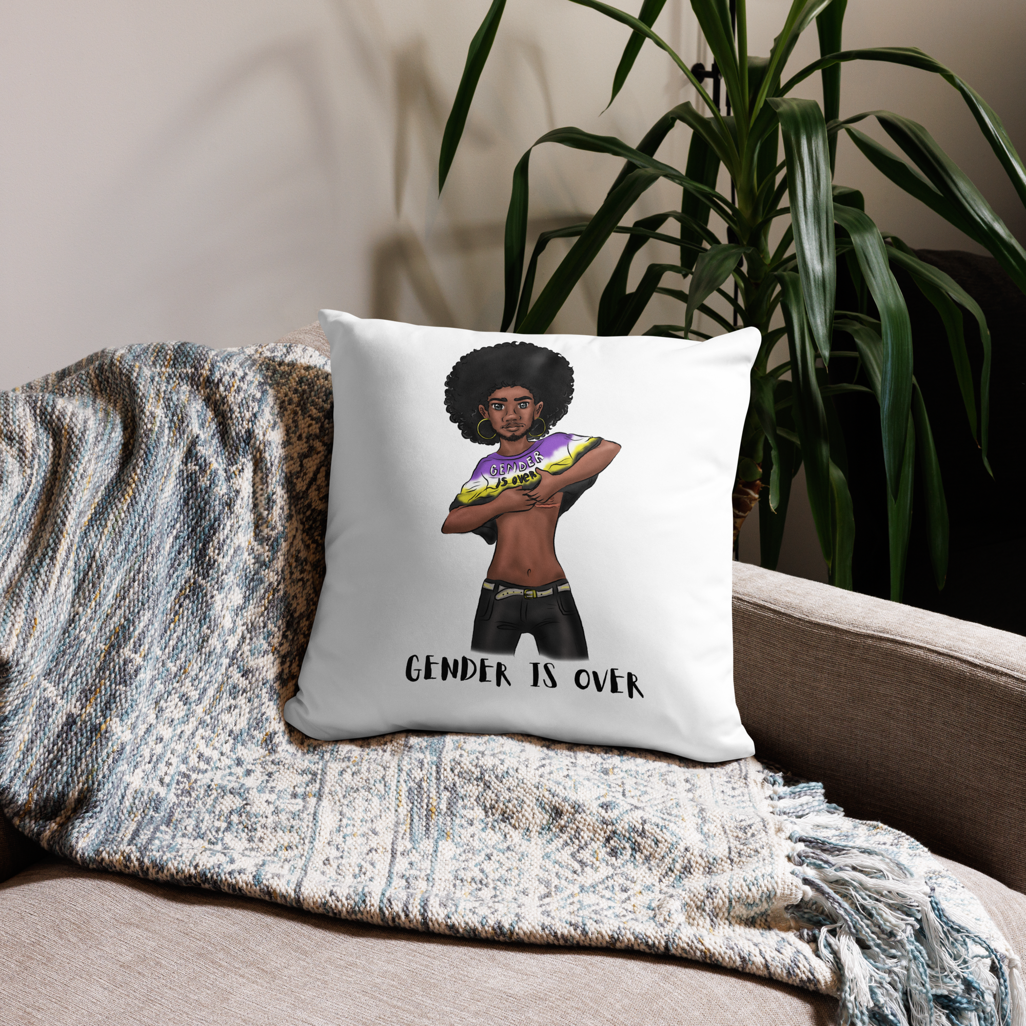 Basic Cushion – “Gender Is Over” Typography Print | Bold Square Throw Pillow | Voce Lindx
