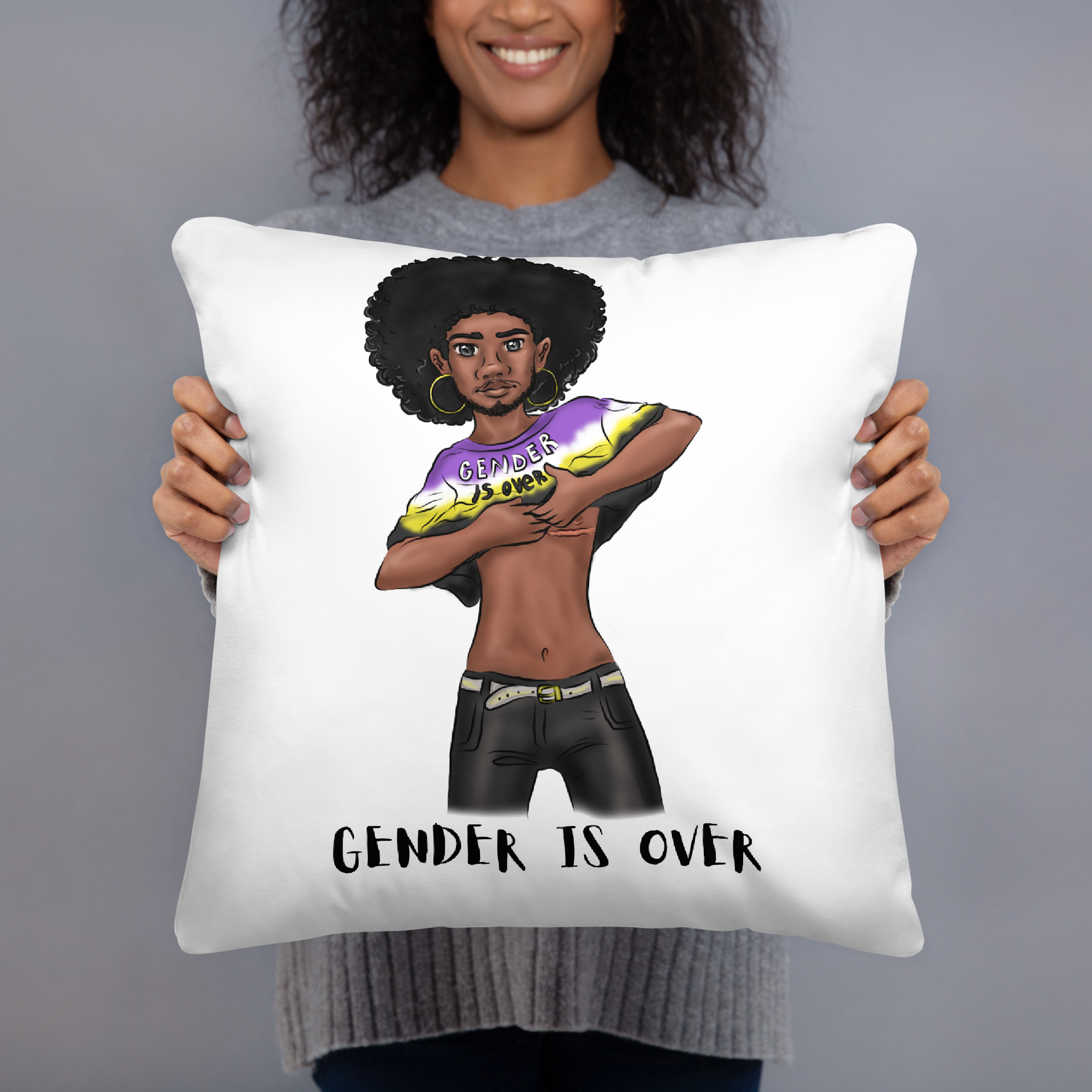 Basic Cushion – “Gender Is Over” Typography Print | Bold Square Throw Pillow | Voce Lindx