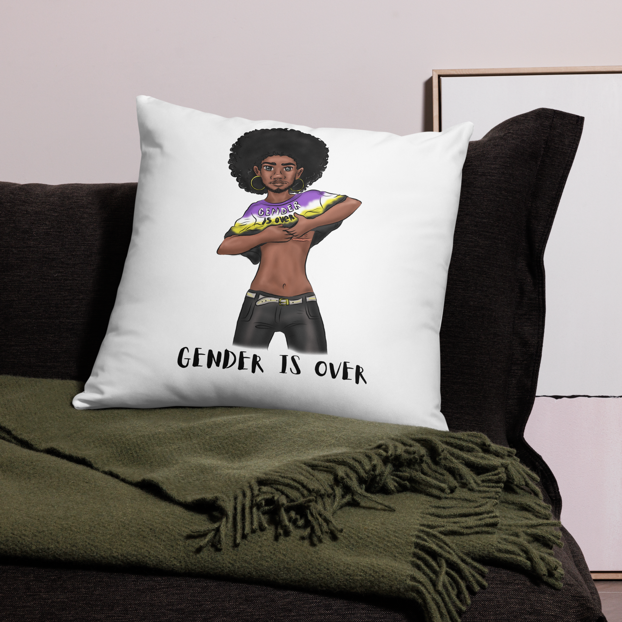 Basic Cushion – “Gender Is Over” Typography Print | Bold Square Throw Pillow | Voce Lindx