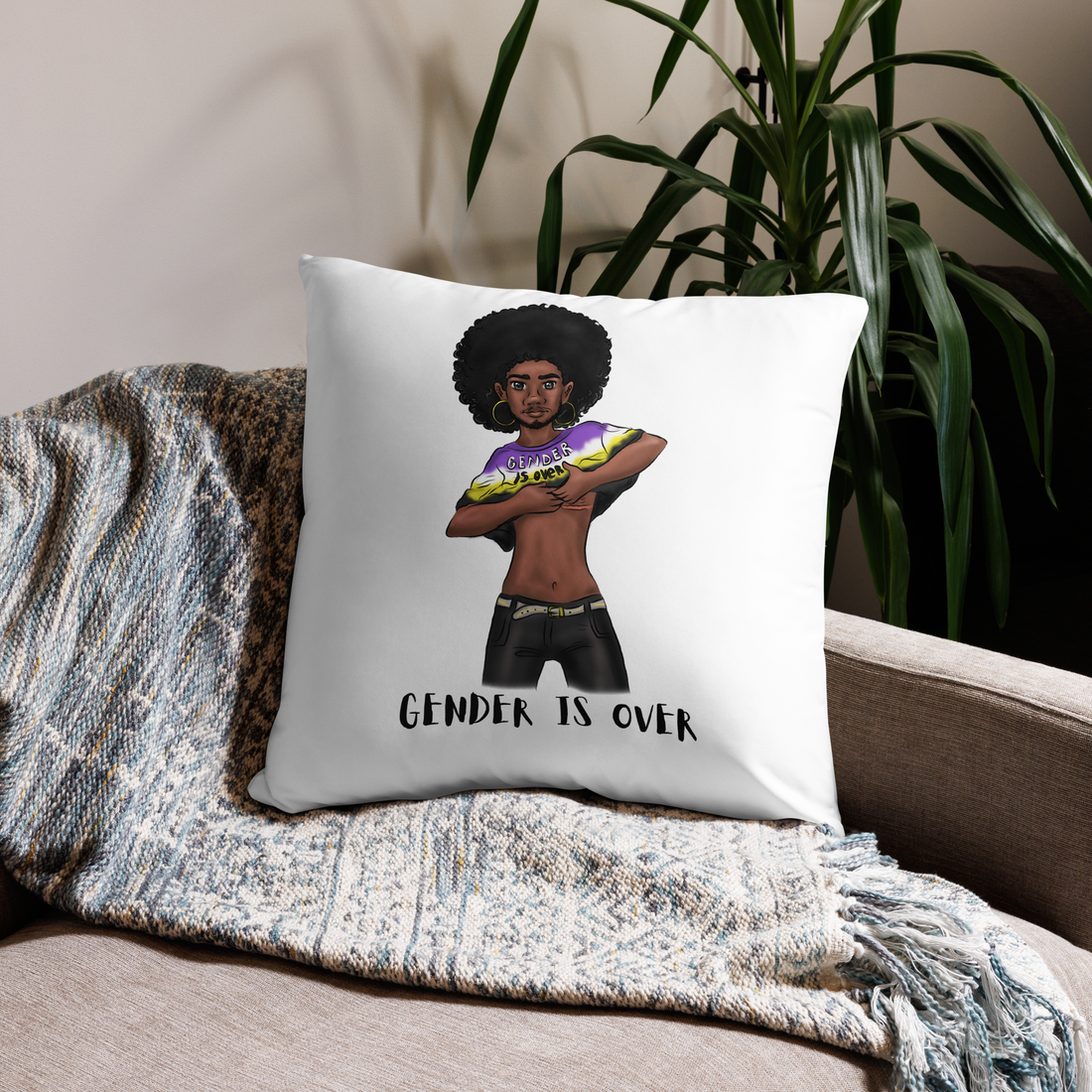 Basic Cushion – “Gender Is Over” Typography Print | Bold Square Throw Pillow | Voce Lindx