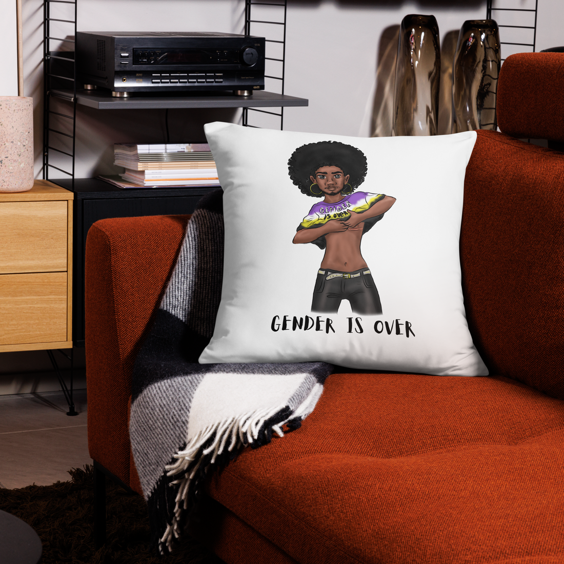 Basic Cushion – “Gender Is Over” Typography Print | Bold Square Throw Pillow | Voce Lindx
