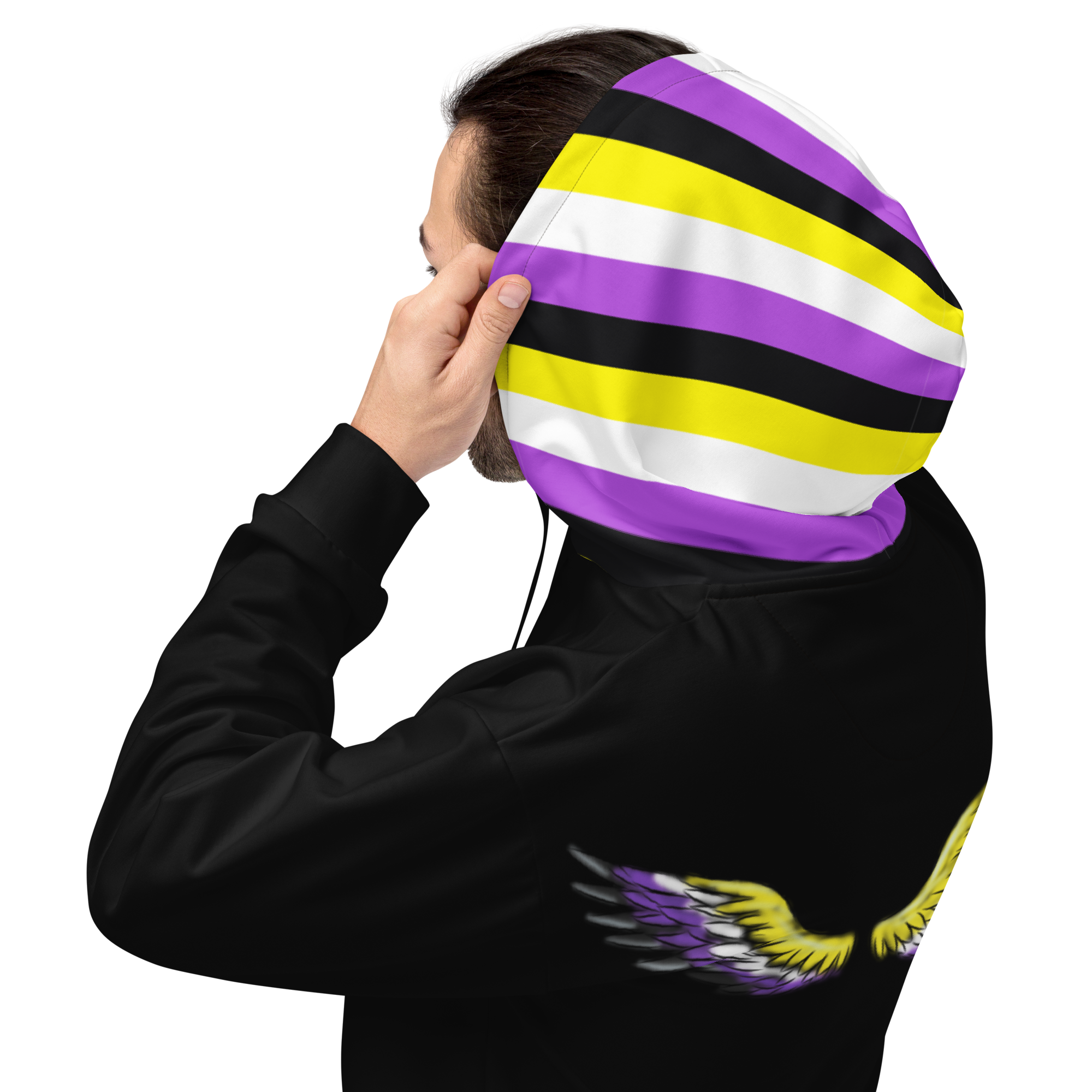 “Gender Is Over” Non-Binary Pride Hoodie – Purple, Yellow, White & Black | Inclusive Statement Style
