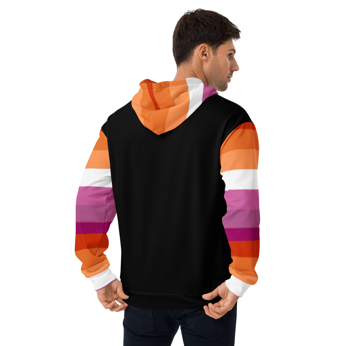 Lesbian Pride Flag Hoodie – Sunset Stripes Print | Relaxed Fit Cotton-Poly Blend