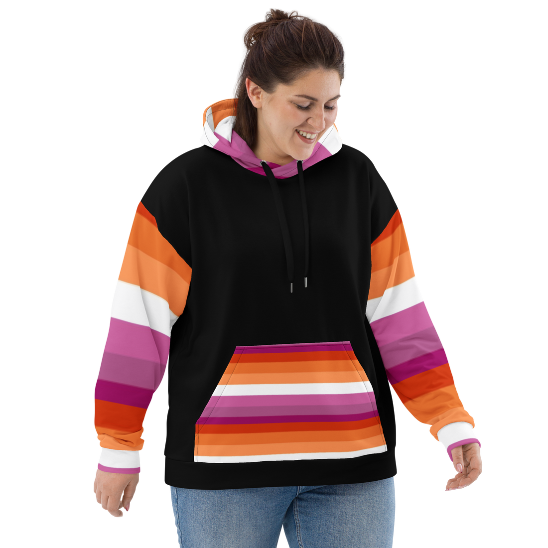 Lesbian Pride Flag Hoodie – Sunset Stripes Print | Relaxed Fit Cotton-Poly Blend