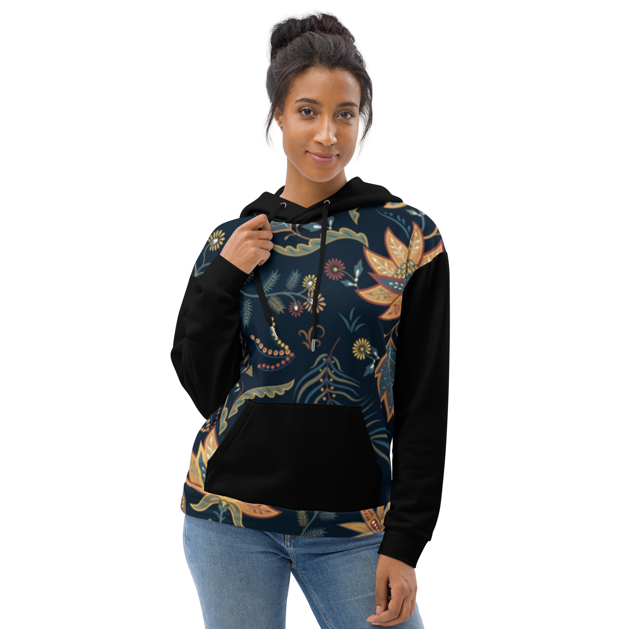Blue Floral Hoodie with “He” Statement – Soft & Empowering | Comfortable Fit