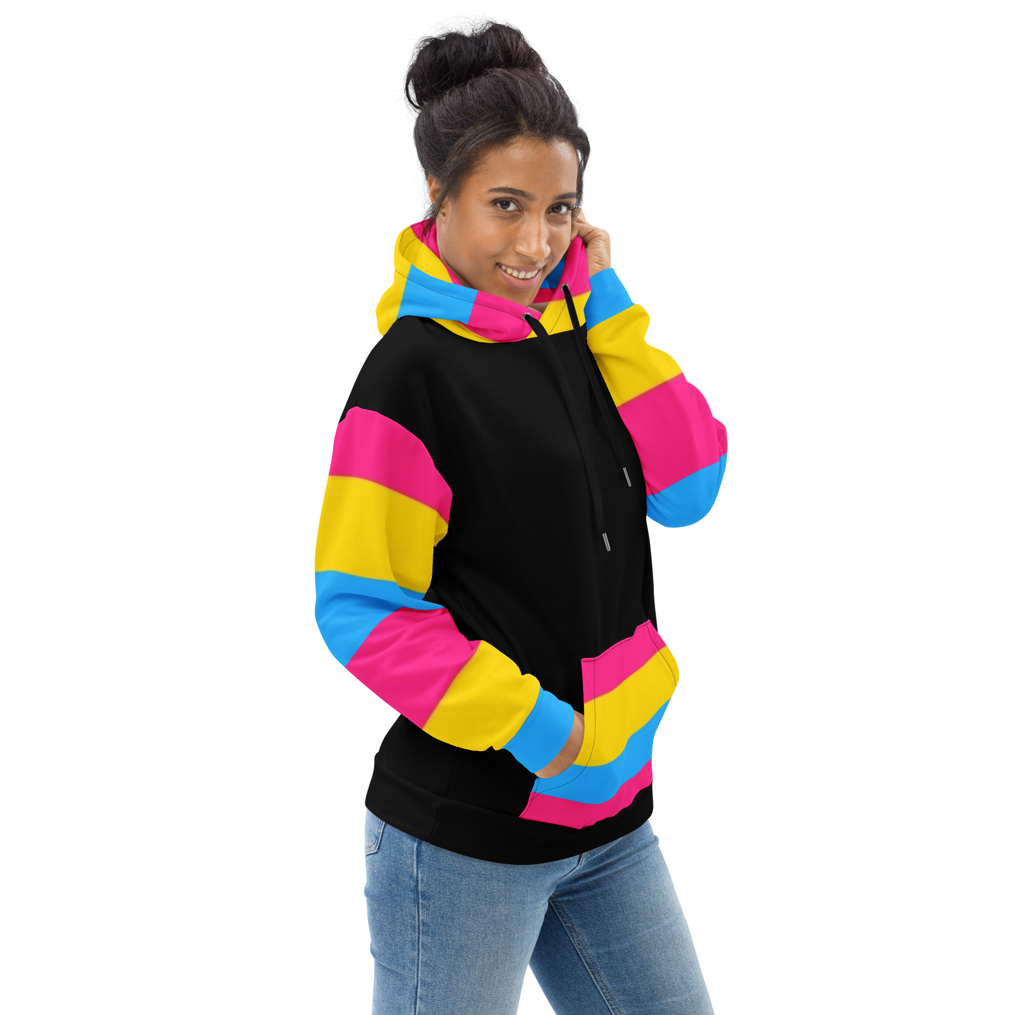VOCE LINDX Pansexual Flag Hoodie – 95 % Recycled Polyester & 5 % Spandex, Brushed Fleece, Flag Design