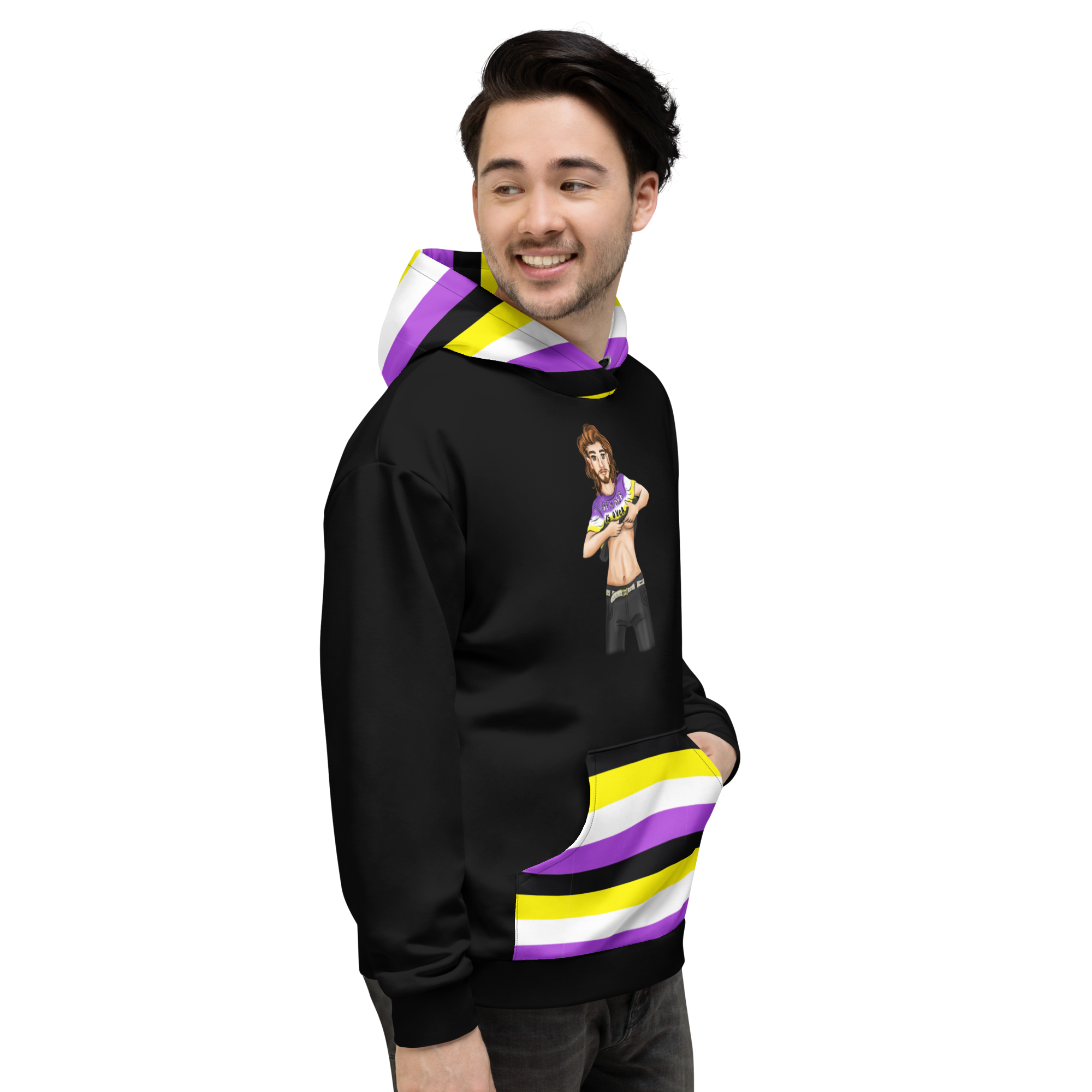 “Gender Is Over” Non-Binary Pride Hoodie – Purple, Yellow, White & Black | Inclusive Statement Style