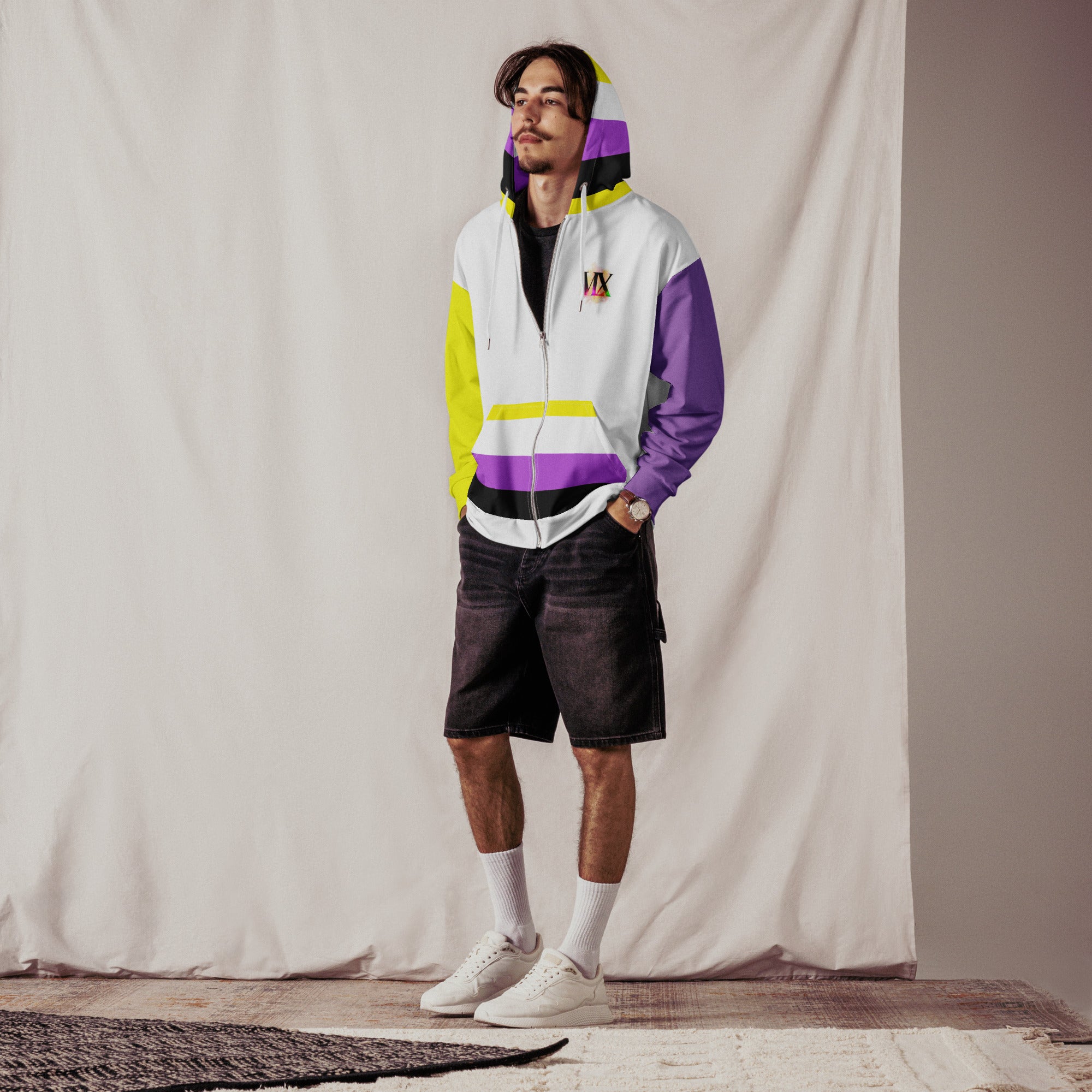 Nonbinary Pride Zip Hoodie – Soft Fleece, Metal Zip, Front Pockets, Inclusive Fit | Voce Lindx