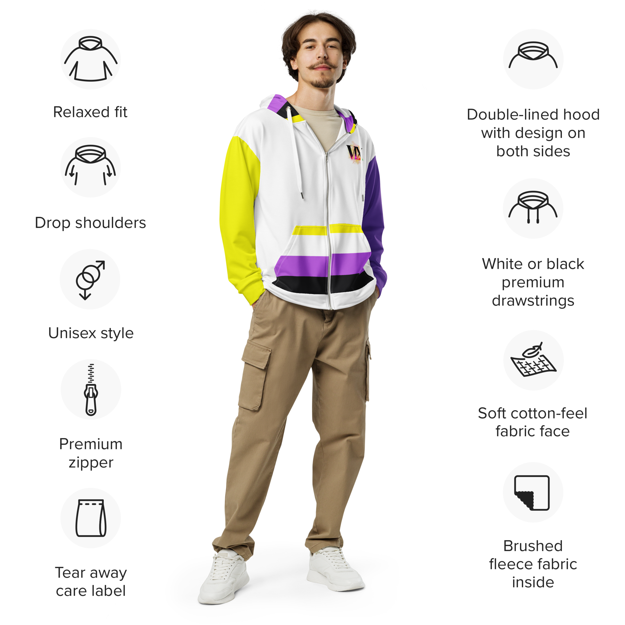 Nonbinary Pride Zip Hoodie – Soft Fleece, Metal Zip, Front Pockets, Inclusive Fit | Voce Lindx