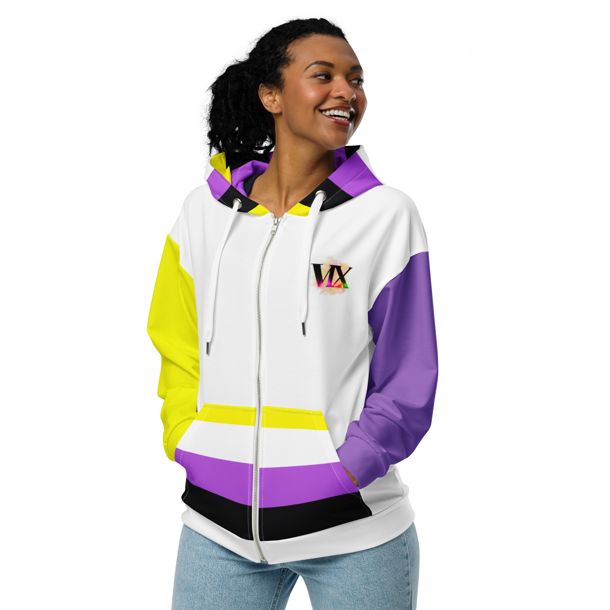 Nonbinary Pride Zip Hoodie – Soft Fleece, Metal Zip, Front Pockets, Inclusive Fit | Voce Lindx