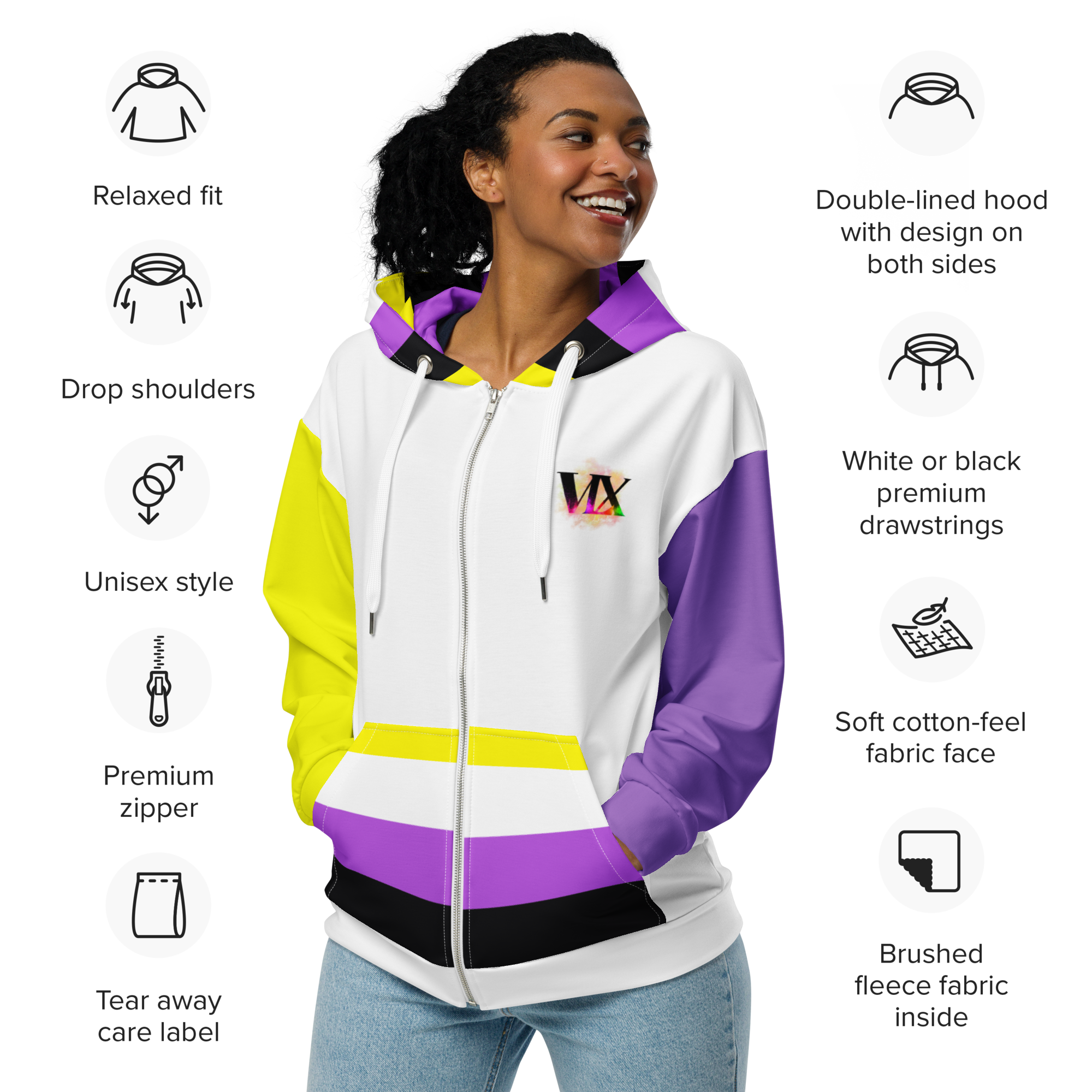 Nonbinary Pride Zip Hoodie – Soft Fleece, Metal Zip, Front Pockets, Inclusive Fit | Voce Lindx