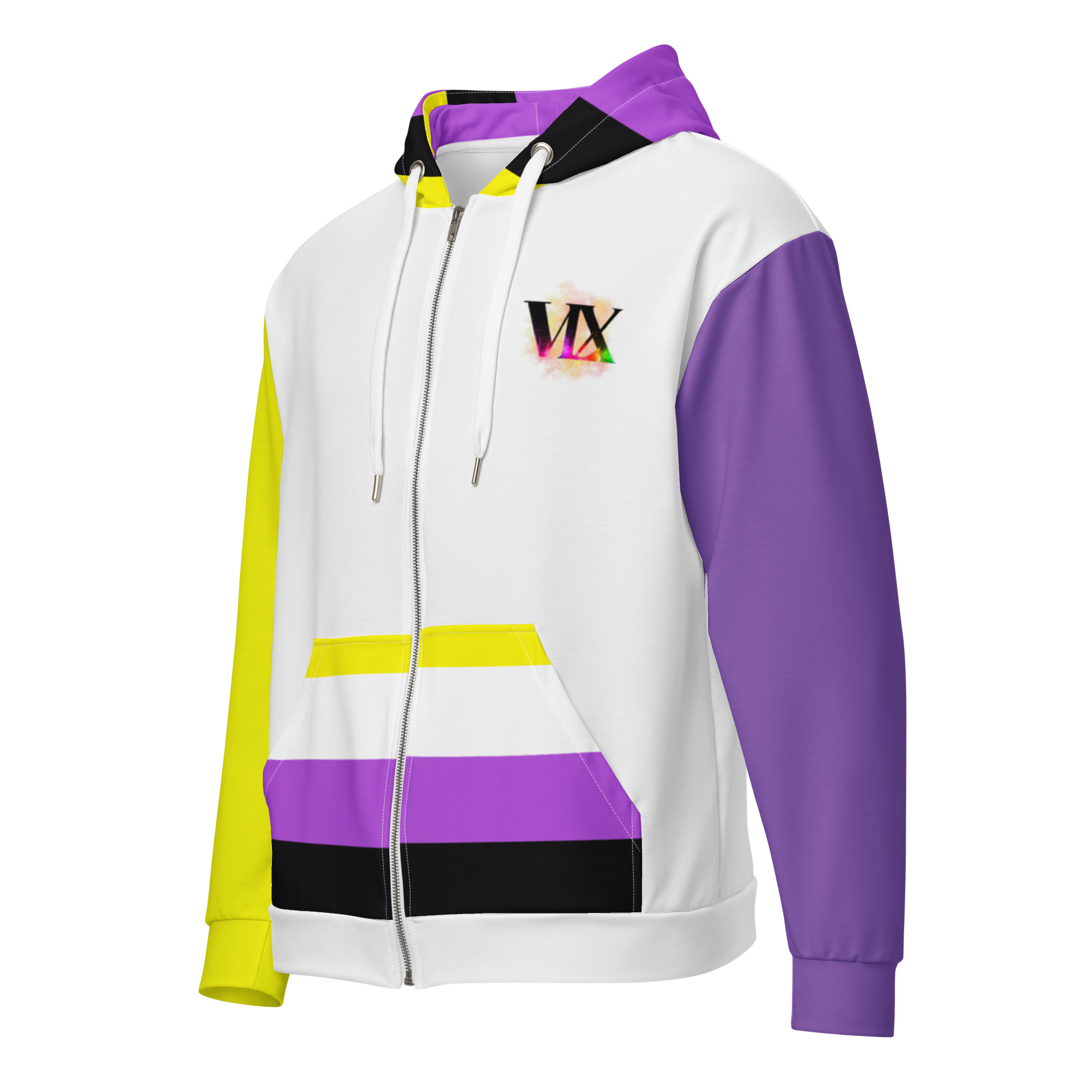 Nonbinary Pride Zip Hoodie – Soft Fleece, Metal Zip, Front Pockets, Inclusive Fit | Voce Lindx