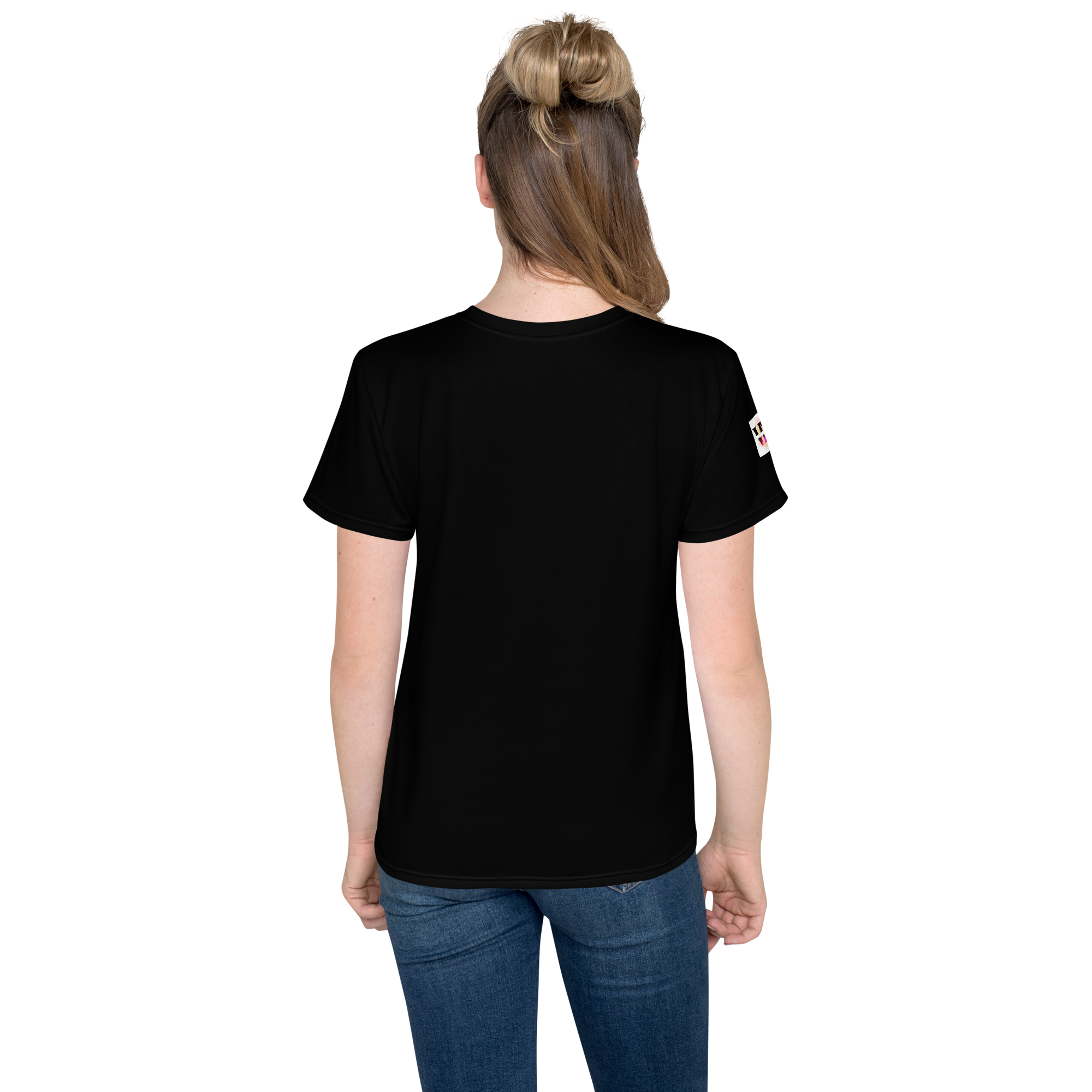 Black Youth Crew Neck T-Shirt – Pink Flower Graphic | 100% Cotton Kids Tee by Voce Lindx