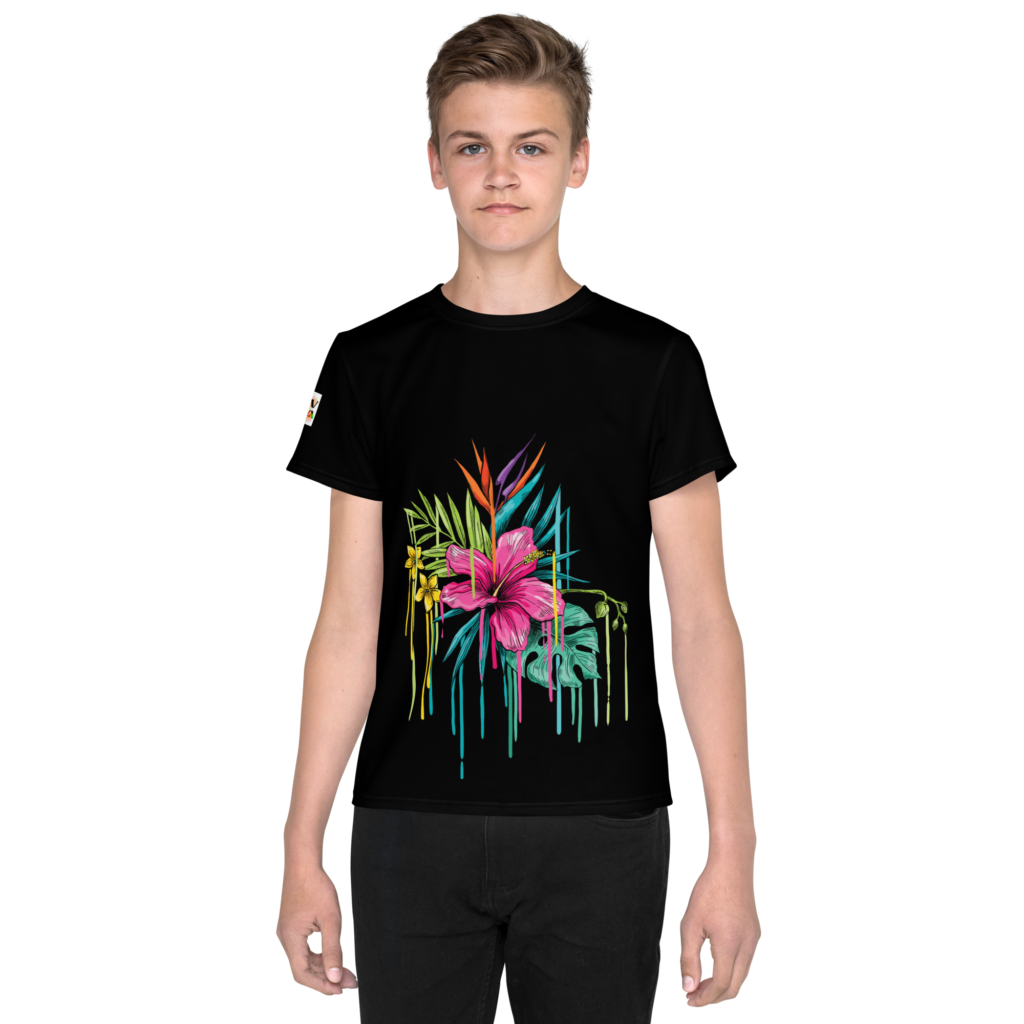 Black Youth Crew Neck T-Shirt – Pink Flower Graphic | 100% Cotton Kids Tee by Voce Lindx