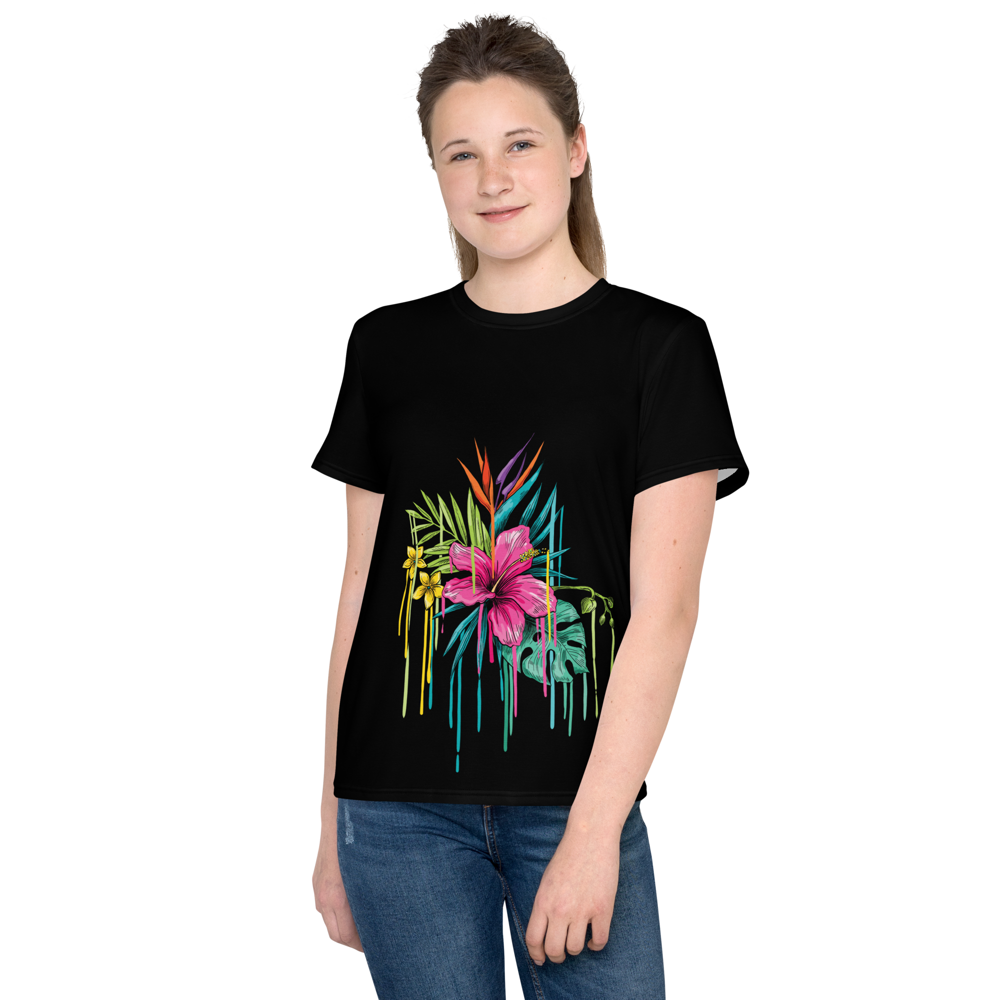 Black Youth Crew Neck T-Shirt – Pink Flower Graphic | 100% Cotton Kids Tee by Voce Lindx