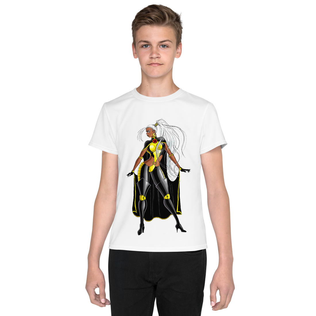 Youth Crew Neck T-Shirt – Storm Comic Art Print | Black Cotton Kids Tee | Voce Lindx