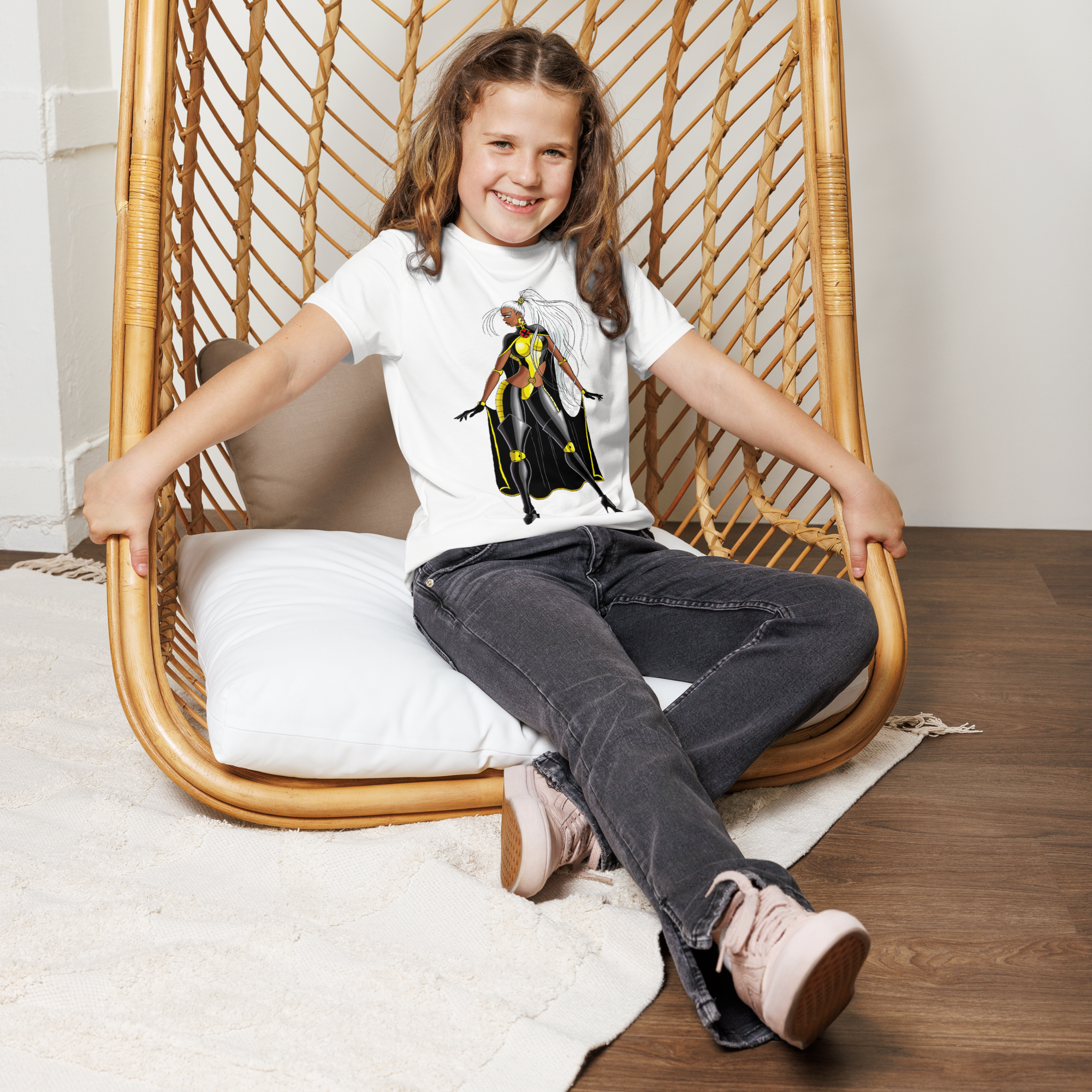 Youth Crew Neck T-Shirt – Storm Comic Art Print | Black Cotton Kids Tee | Voce Lindx
