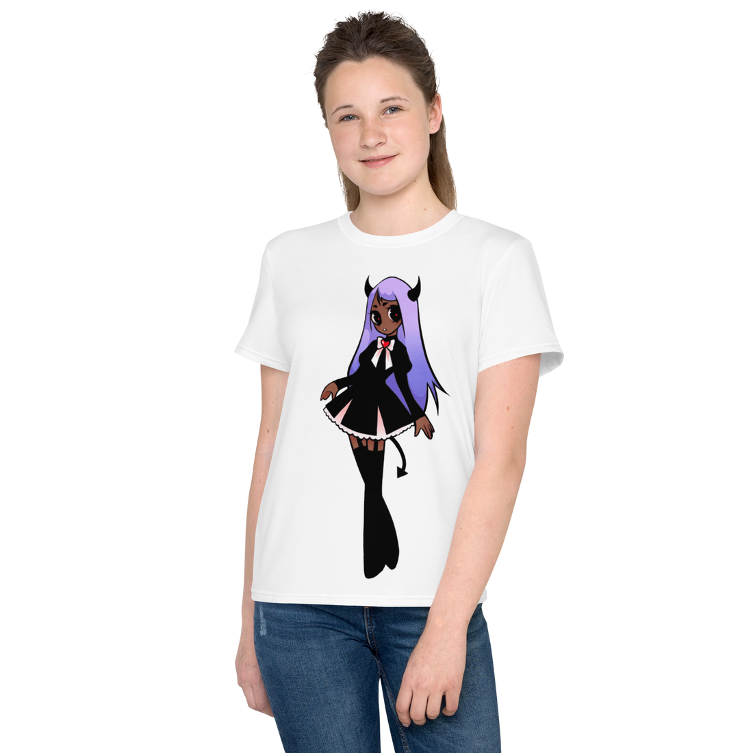 Youth Crew Neck T-Shirt – Black Widow Superhero Print | Soft Black Cotton Tee | Voce Lindx